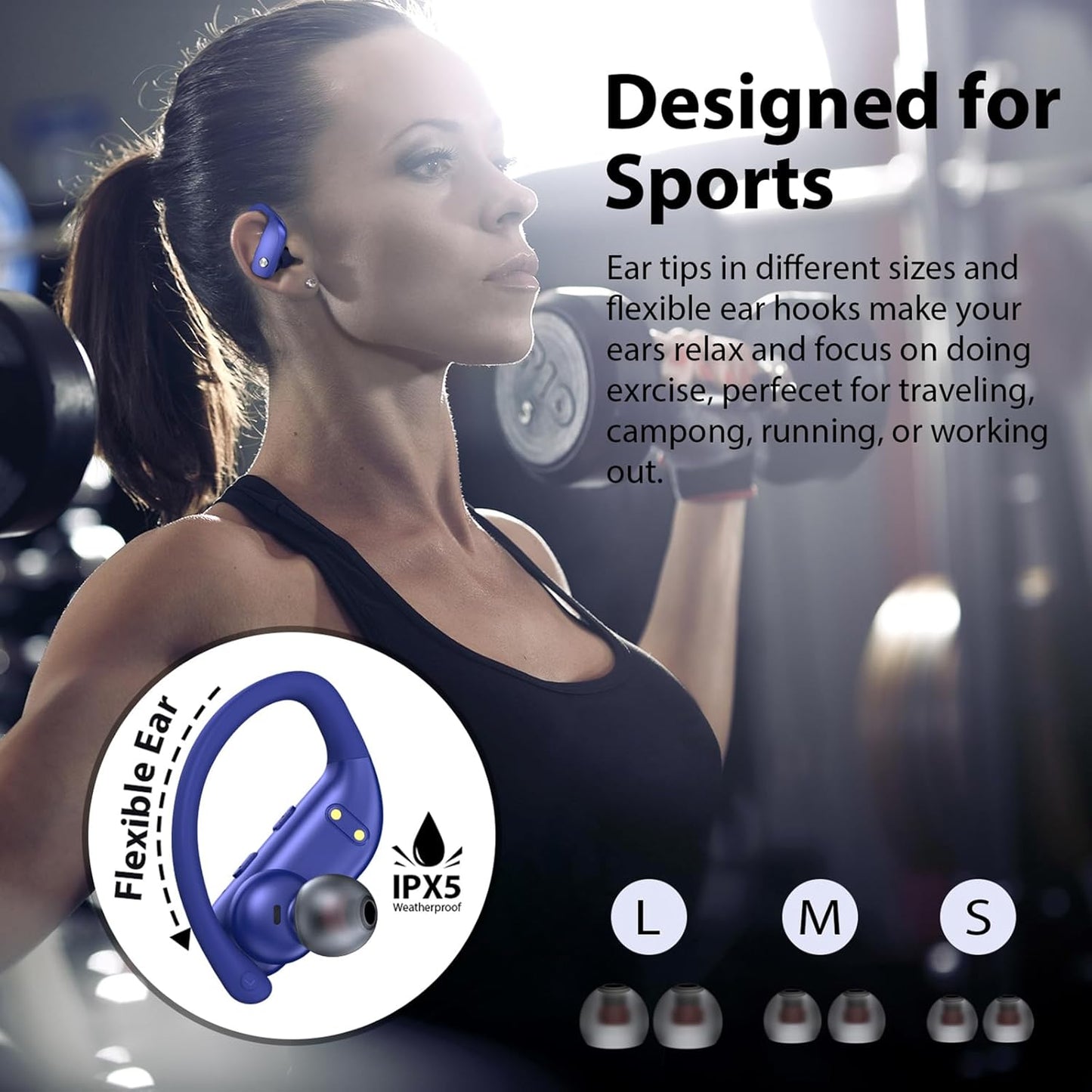 bmanl Wireless Earbuds Bluetooth Headphones 48hrs Play Back Sport Earphones with LED Display Over-Ear Buds with Earhooks Built-in Mic Headset for Workout Blue