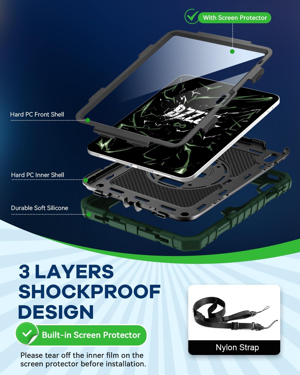 Cantis Case for iPad 11-inch (A16) 2025/ iPad 10th Generation 2022 (10.9 inch) with Screen Protector, iPad 11th Case with 360 Degree Rotating Stand/Shoulder Strap/Pencil Holder, Alpine Green