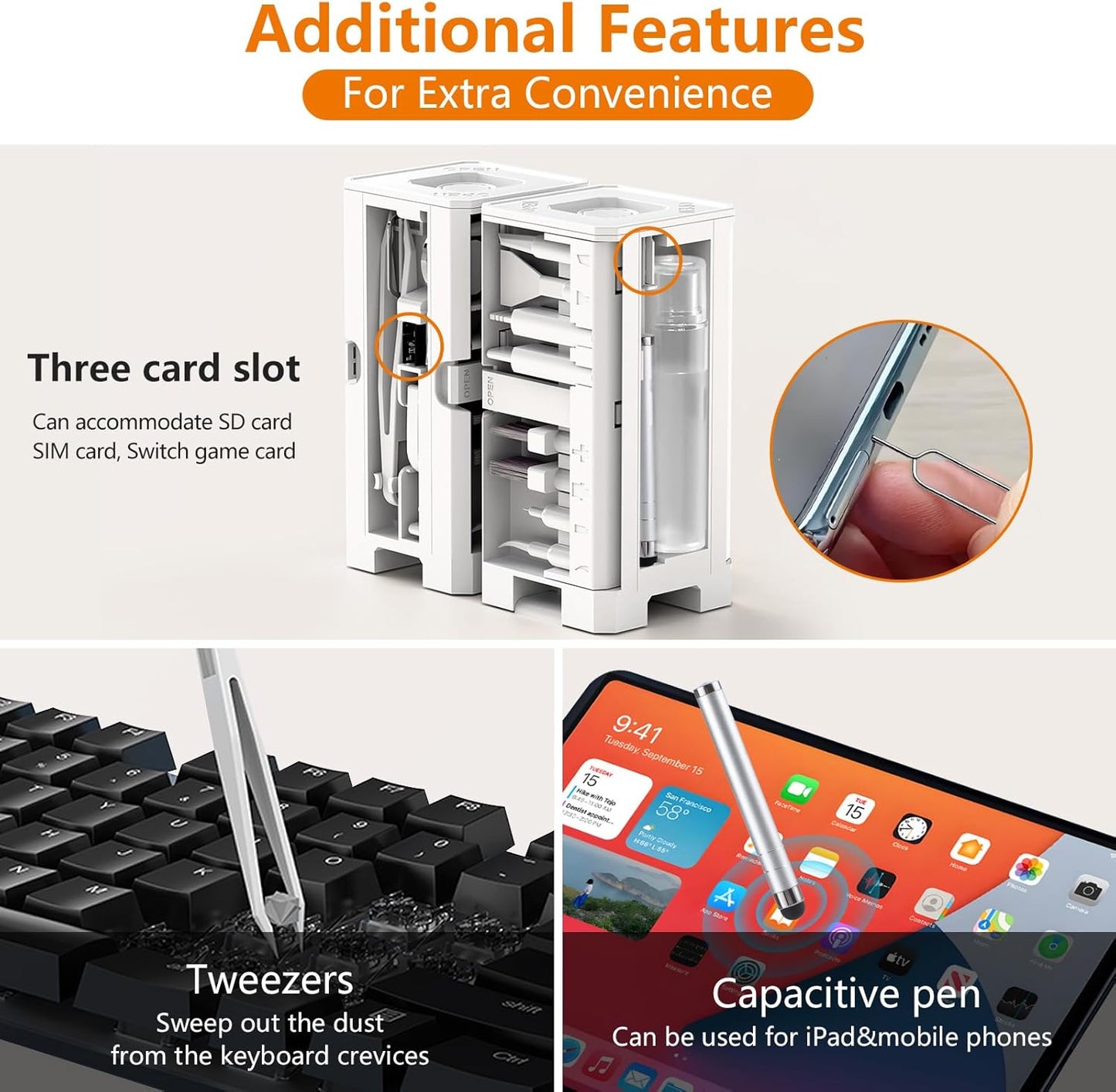 Cell Phone Cleaning Kit, iPhone Cleaning Kit for Charging Port Cleaner Keyboard Cleaning Kit for Airpods/Android/USB C/Earbuds/Laptop/iPad/Camera Lens with Stylus Pen, SIM Tool, Screen Brush (White)