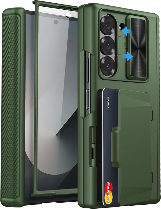 for Samsung Galaxy Z Fold 6 Case with Card Holder & Slide Camera Lens Cover & Hinge Protection & Screen Protector, Heavy Duty Full Body Protective Phone Cover Case for Galaxy Z Fold 6, Green