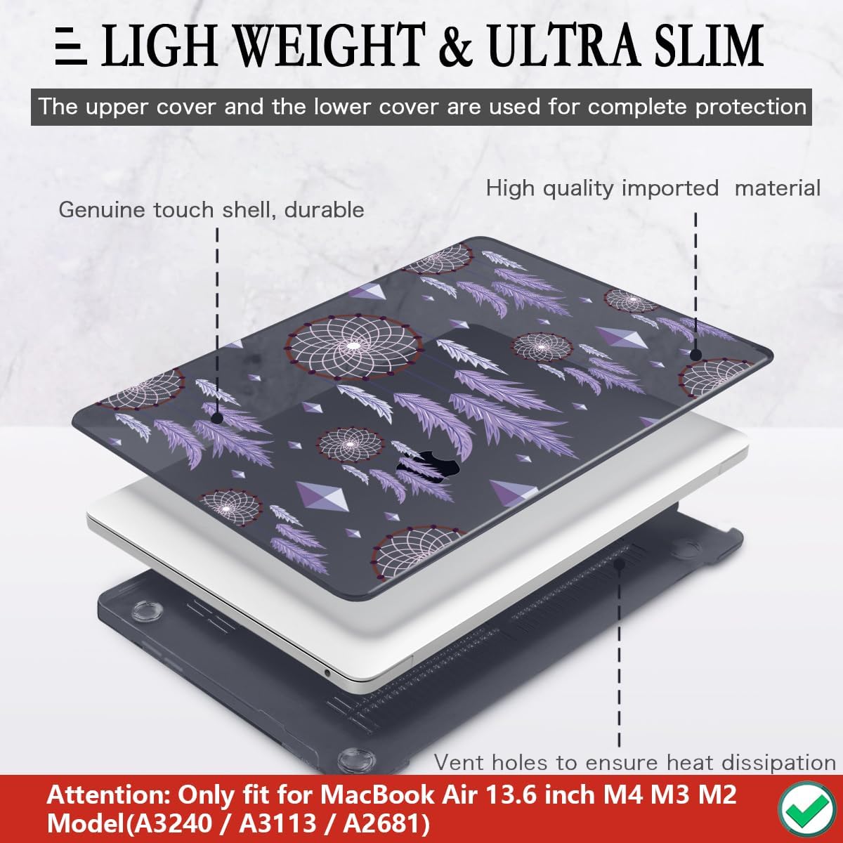 CISSOOK Compatible with MacBook Air 13.6 inch Case 2025 2024 2023 2022 Release A3240 M4 A3113 M3 A2681 M2, Plastic Hard Shell Case & Keyboard Cover & Screen Protector, Dream Catcher