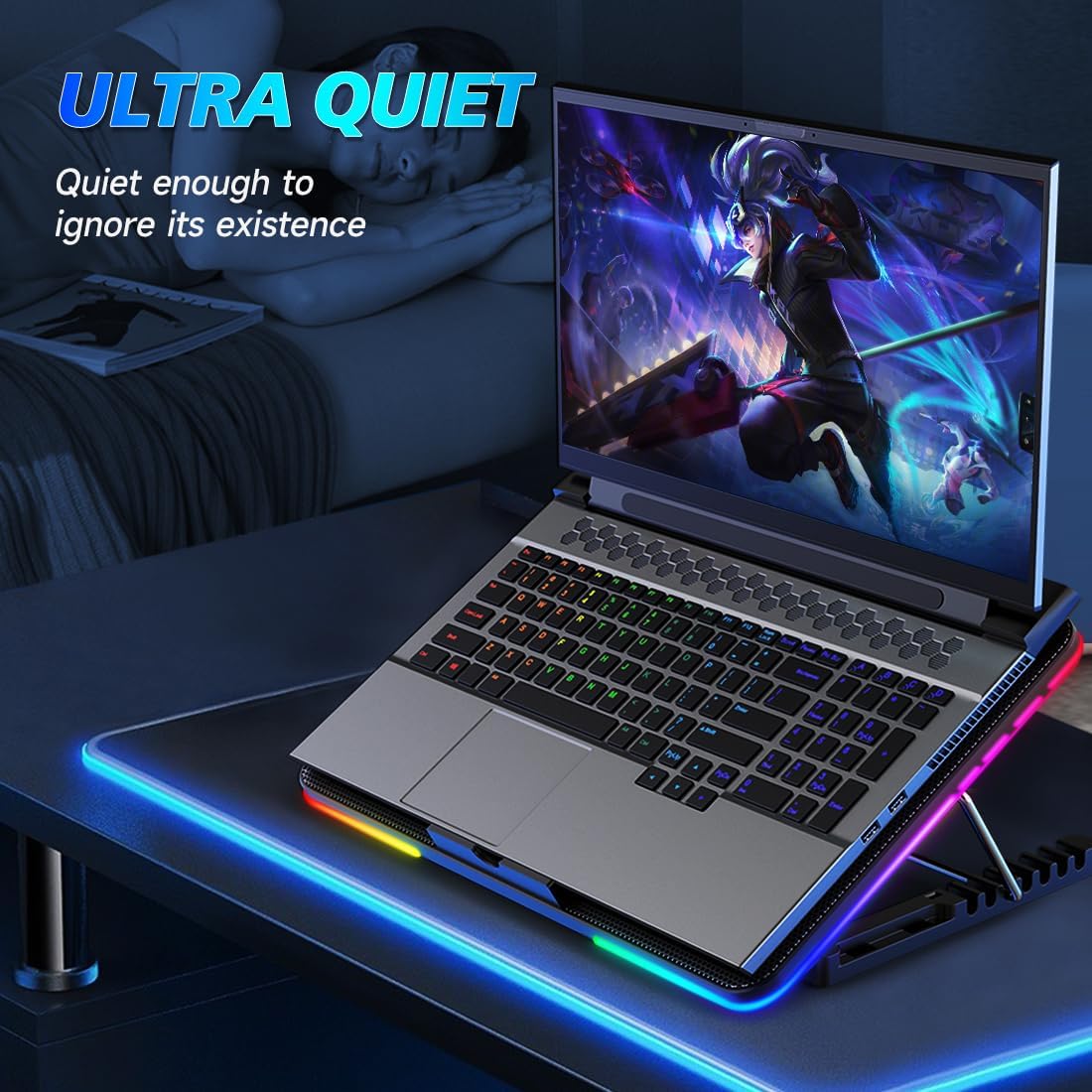 LIANGSTAR Laptop Cooling Pad, Laptop Cooler Gaming 5 Quiet Fans with Large Metal Plate for 12-17.3 Inch Fan Stable Stand, 4 Modes RGB Light, 7 Height & Adjust Speed, 2 USB Port & Phone Holder