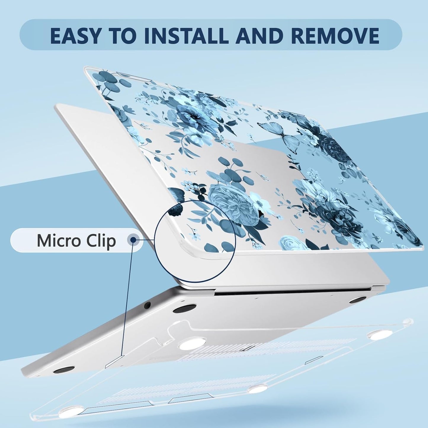 Compatible with MacBook Air 15 inch Case, M4 A3241/M3 A3114/M2 A2941 (Released 2025 to 2023), Hard Shell, Keyboard Cover, Screen Protector, Webcam Cover & Type-C Adapter, Blue Flowers