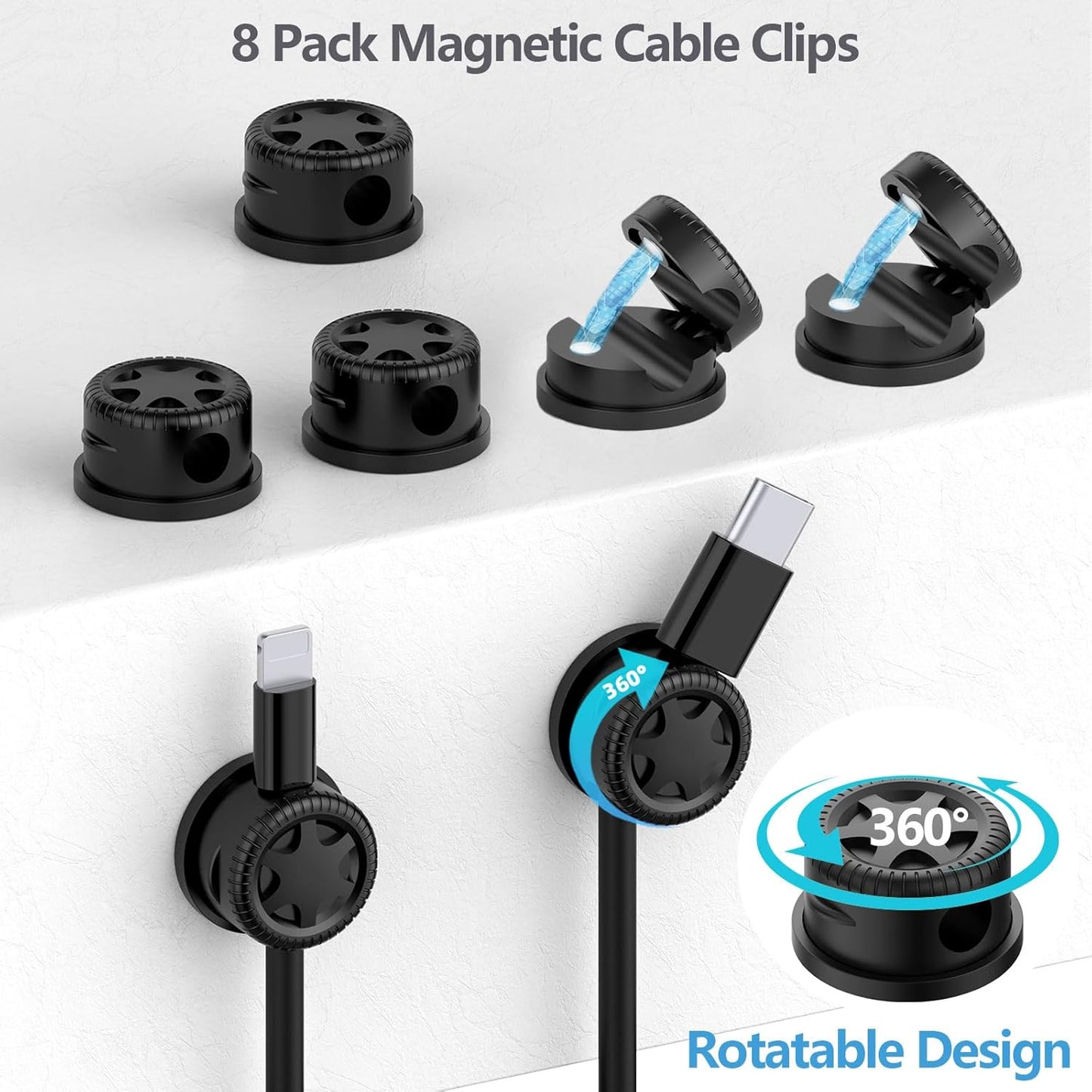 ELII 328Pcs Cable Management Kit, 8 Magnetic Cable Holder,69Adhesive Cable Clips,4 Cable Sleeve Split,22Reusable Cable Strap,200 Nylon Cable Zip Ties with 25 Mounts TV Office (Black)