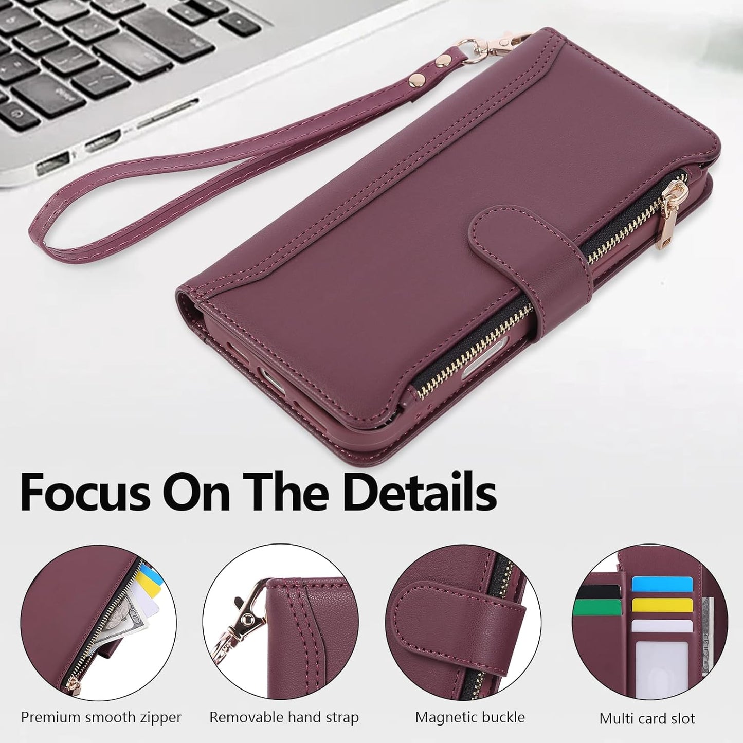 Compatible with iPhone 7/8/SE 2020/SE 2022 Wallet Case PU Leather Shockproof Protective Cover with Credit Card Slots, Zipper Pocket Detachable Wrist Strap,Unisex Design for Men/Women-Claret