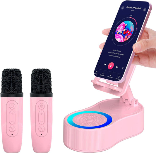 Gifts for Men Women,Cell Phone Stand with Wireless Bluetooth Speaker,Colorful Ambient Light 360° Foldable for Tablet iPhone Android 2 Wireless Microphones HD Surround Sound (Pink)