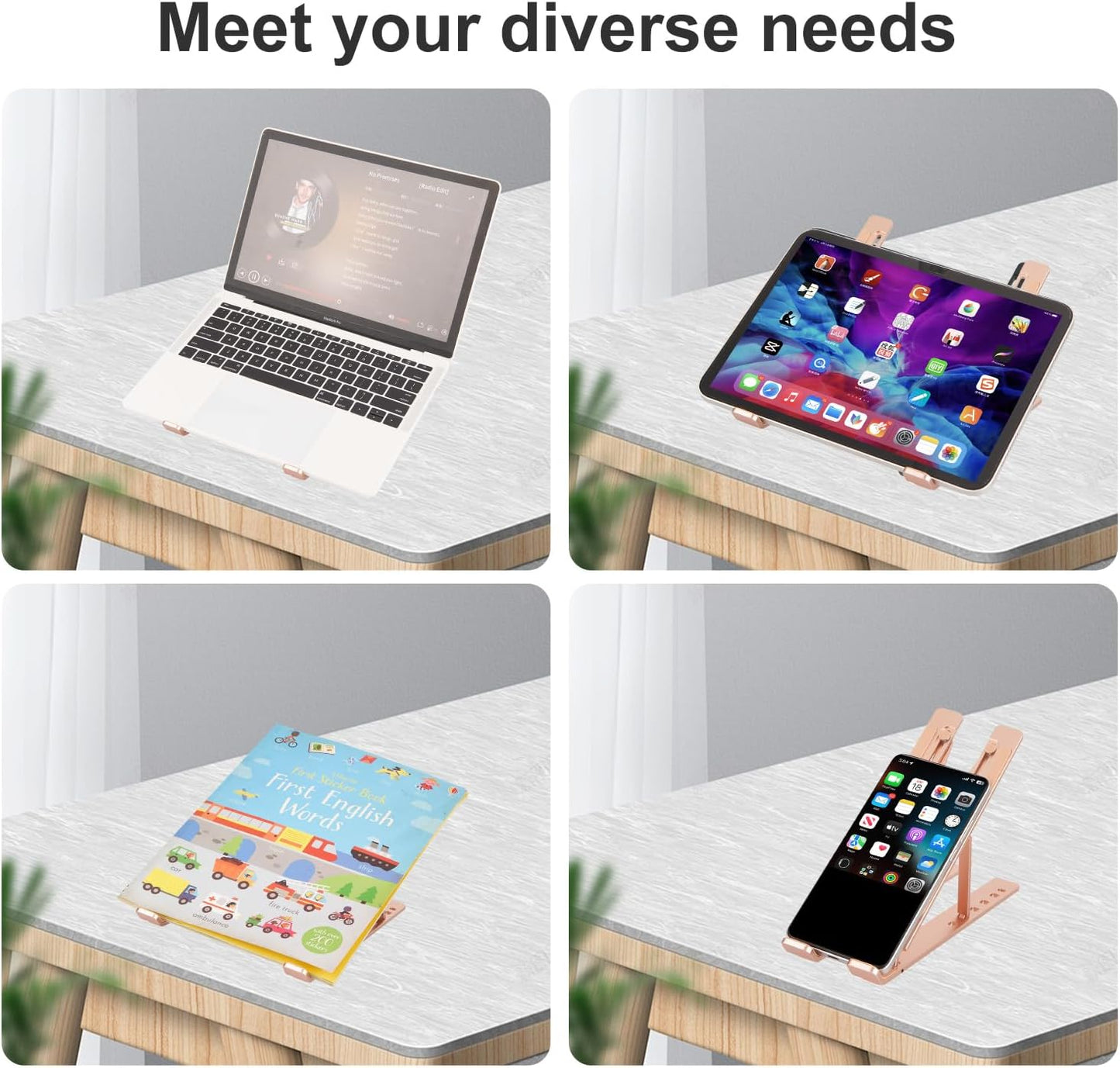 Ergonomic and Foldable Laptop Stand for Desk, Adjustable Riser, Fits All Laptops and Notebooks up to 17,Ultra-Thin,Ventilated Cooling,ABS+Silicone,Gold.