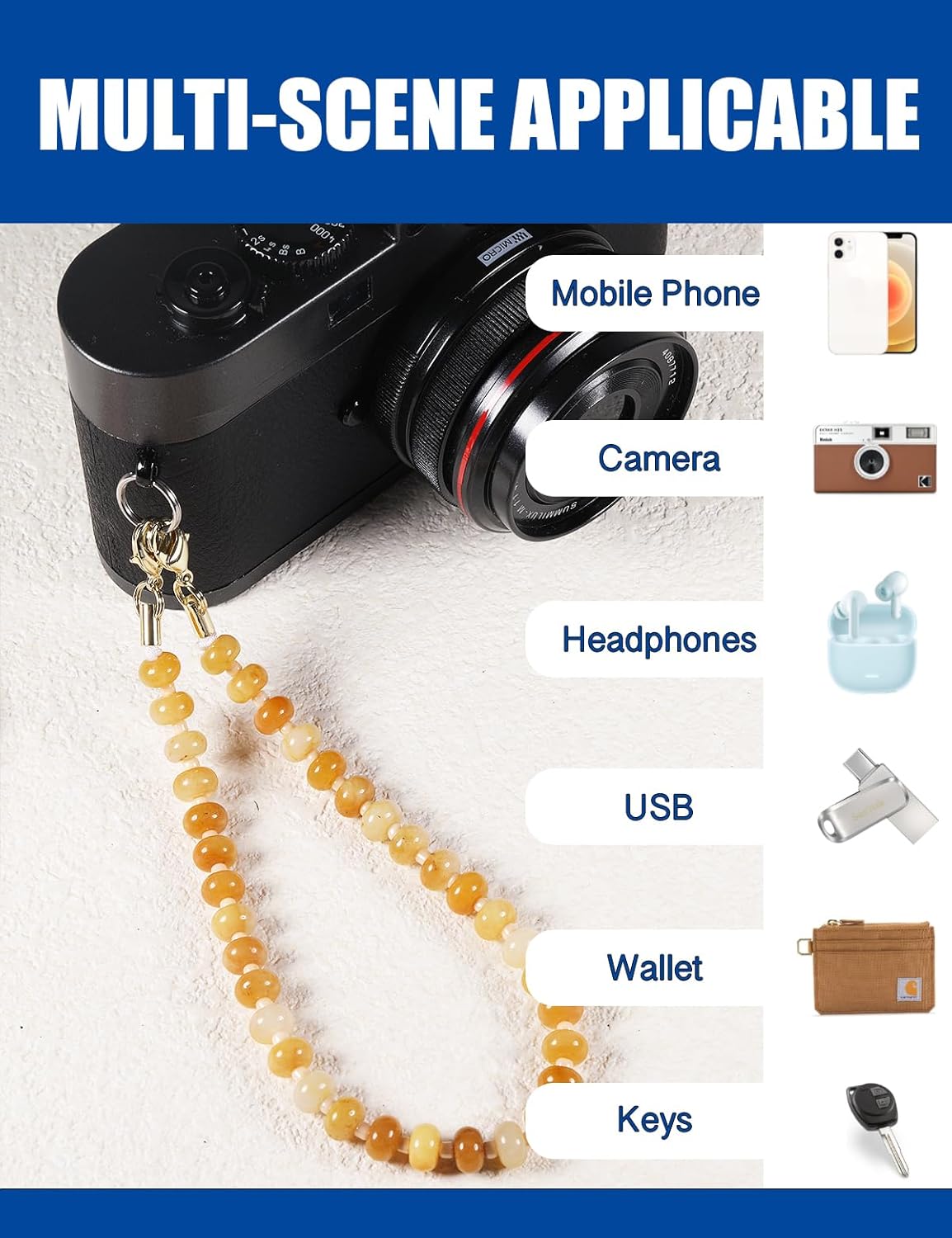 Handmade Natural Gemstone Beaded Charm Cell Phone Camera Lanyard, Wrist Strap, Phone Chain String, Keychain Decor for Wallet, Stanley Cup Accessories (Green Aventurine)