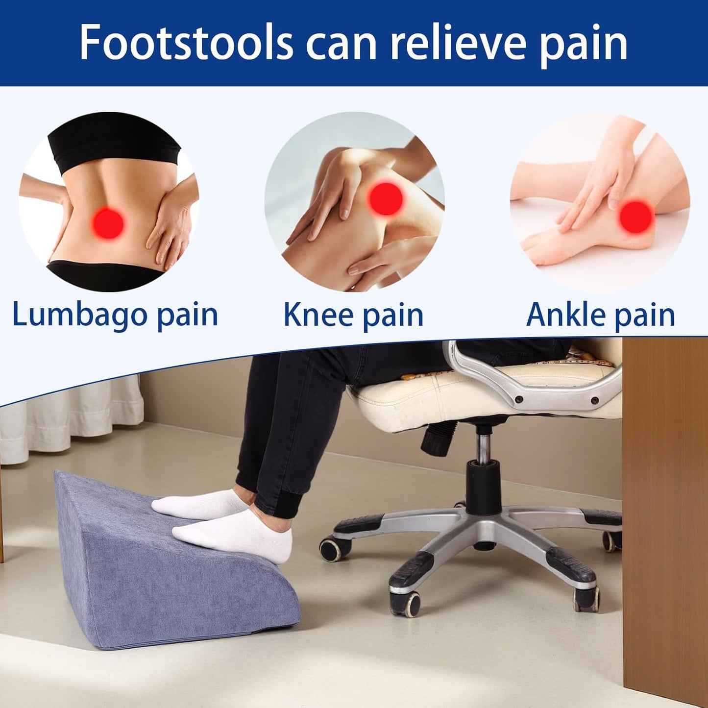 Foot Rest for Under Desk at Work Ergonomic Under Desk Footrest，Support Foot Pillow Double-Sided Footstool， for Office, Home & Gaming Leg Elevation Pillow Blue