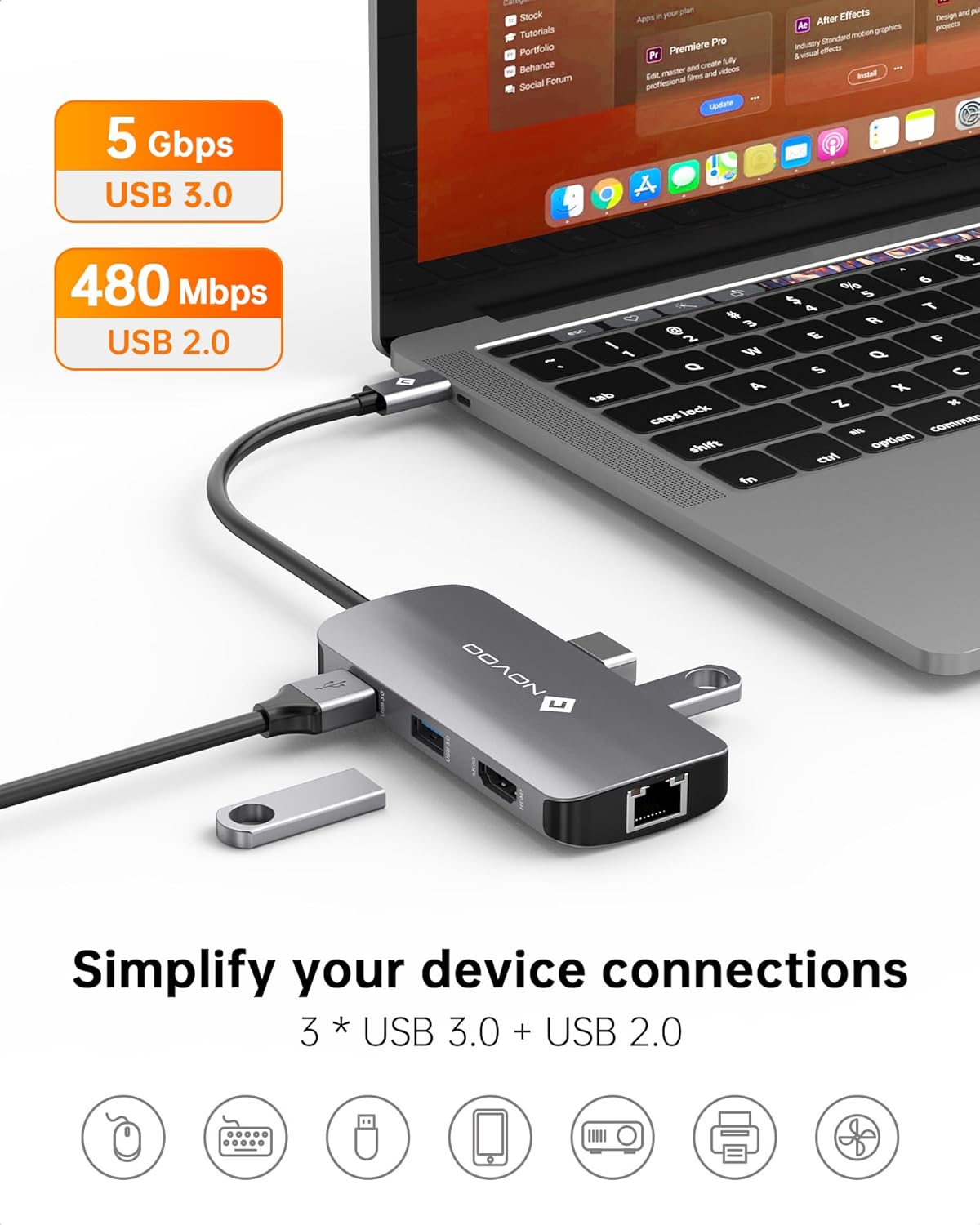 NOVOO USB C Hub Ethernet 4K@60 USB C HDMI Adapter Multiport Type C Adapter 4 USB 3.0 & USB2.0 Dongle 100W PD Dock Docking Station for MacBook Pro Air Apple iPad Pro Steam Deck Dell HP Lenovo 7-in-1