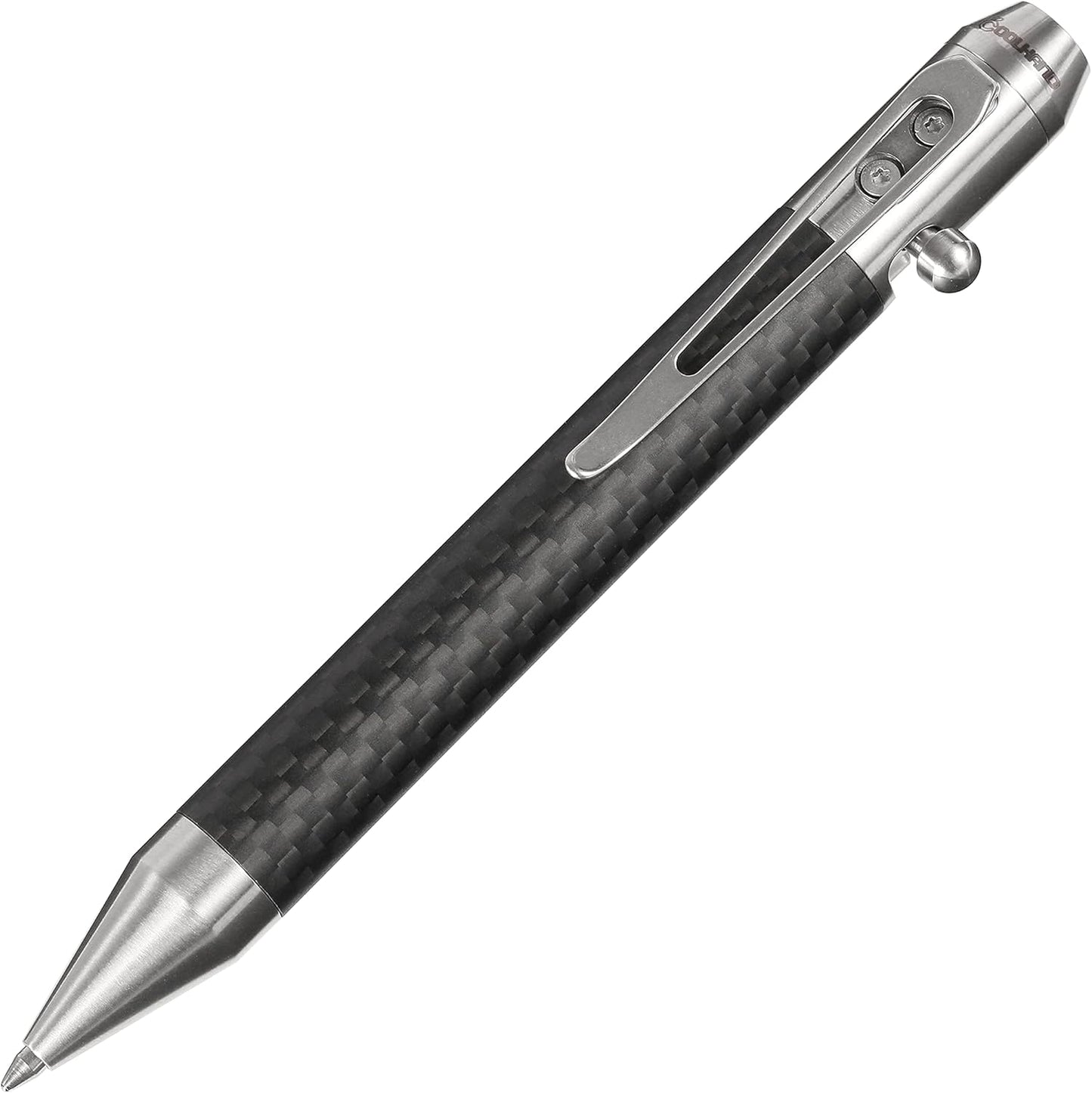 Cool Hand 4.9'' Carbon Fiber Bolt Action Pen with Retractable Stylus Tip for Any Touch Screen, Ballpoint Ink Refillable, Compact Size, Skelton Out Deep Pocket Clip (Carbon Fiber Silver)