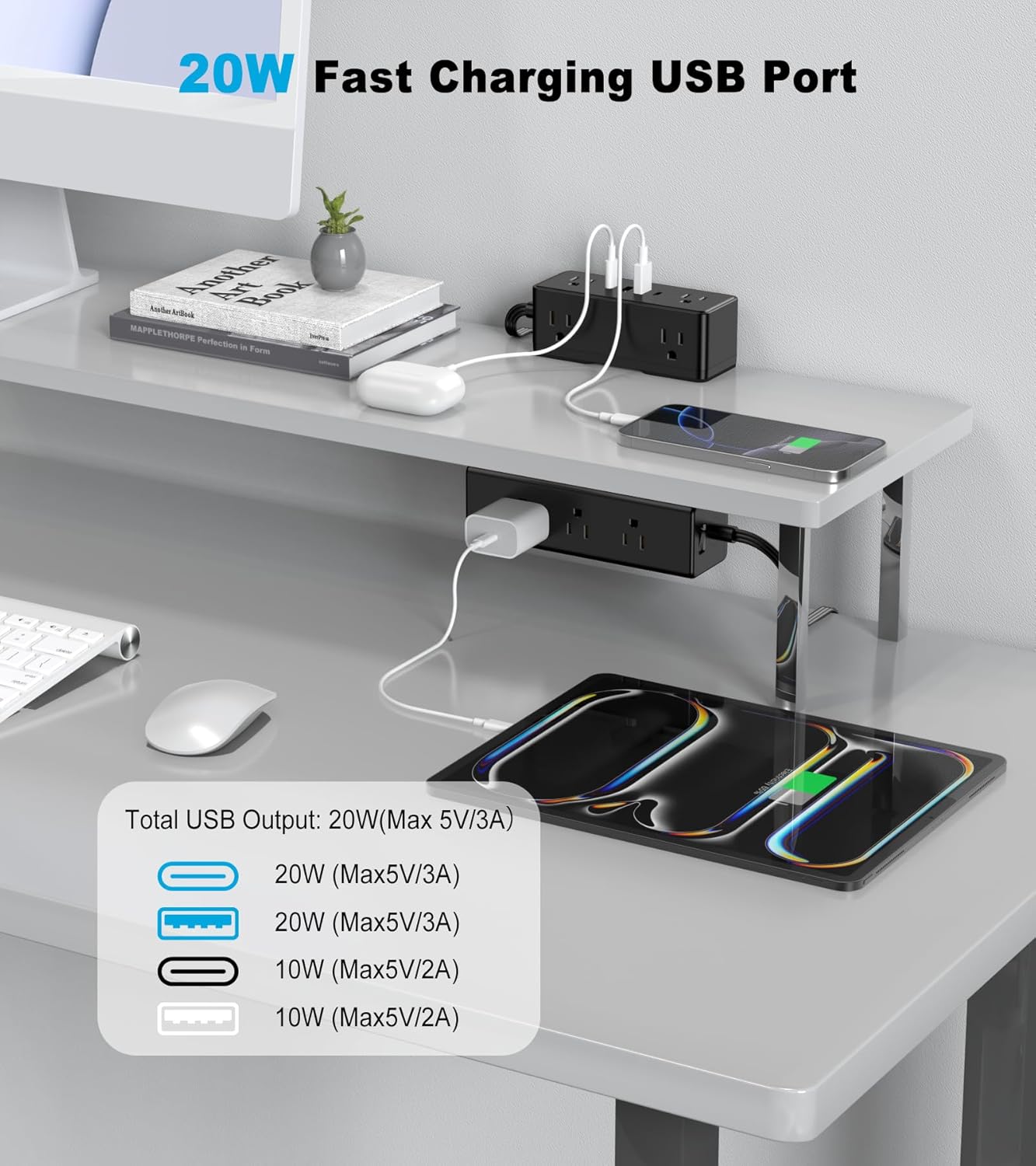 Dual Layer Desk Clamp Power Strip, Desktop Edge Mount Surge Protector with 4 USB Ports(2 USB-C) & 15 AC Outlets, Ultra Thin Flat Plug & 5FT Power Cord for Office Home(ETL Listed)