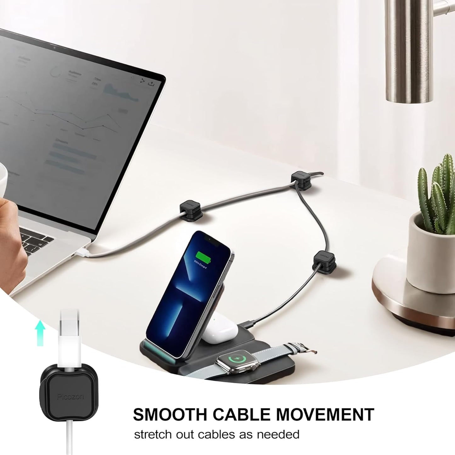 6 Pack Magnetic Cable Clip Organizer Cord Holder, Picozon Adhesive Cable Management, Wire Phone USB Charger Cable Holder Keeper Organizer for Car, Office Home Desktop, Wall, Night Table - Black