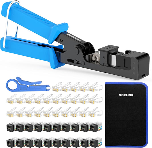 VCELINK Speed Termination Tool for VCE 90-Degree Keystone Jacks Punch Down Network Tool Kit with 20-Pack CAT6 Keystone Jacks UL-Listed Black, 25-Pack RJ45 Connectors, and 1-Pack Mini Wire Stripper