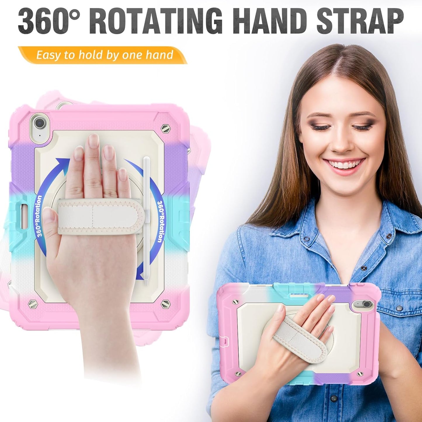 HXCASEAC Case for iPad Air 11 inch (2025 M3 / 2024 M2), Shockproof Design with Pencil Holder/Screen Protector/Rotating Hand Strap, Protective Cover for iPad Air 7th/6th Generation - Pink