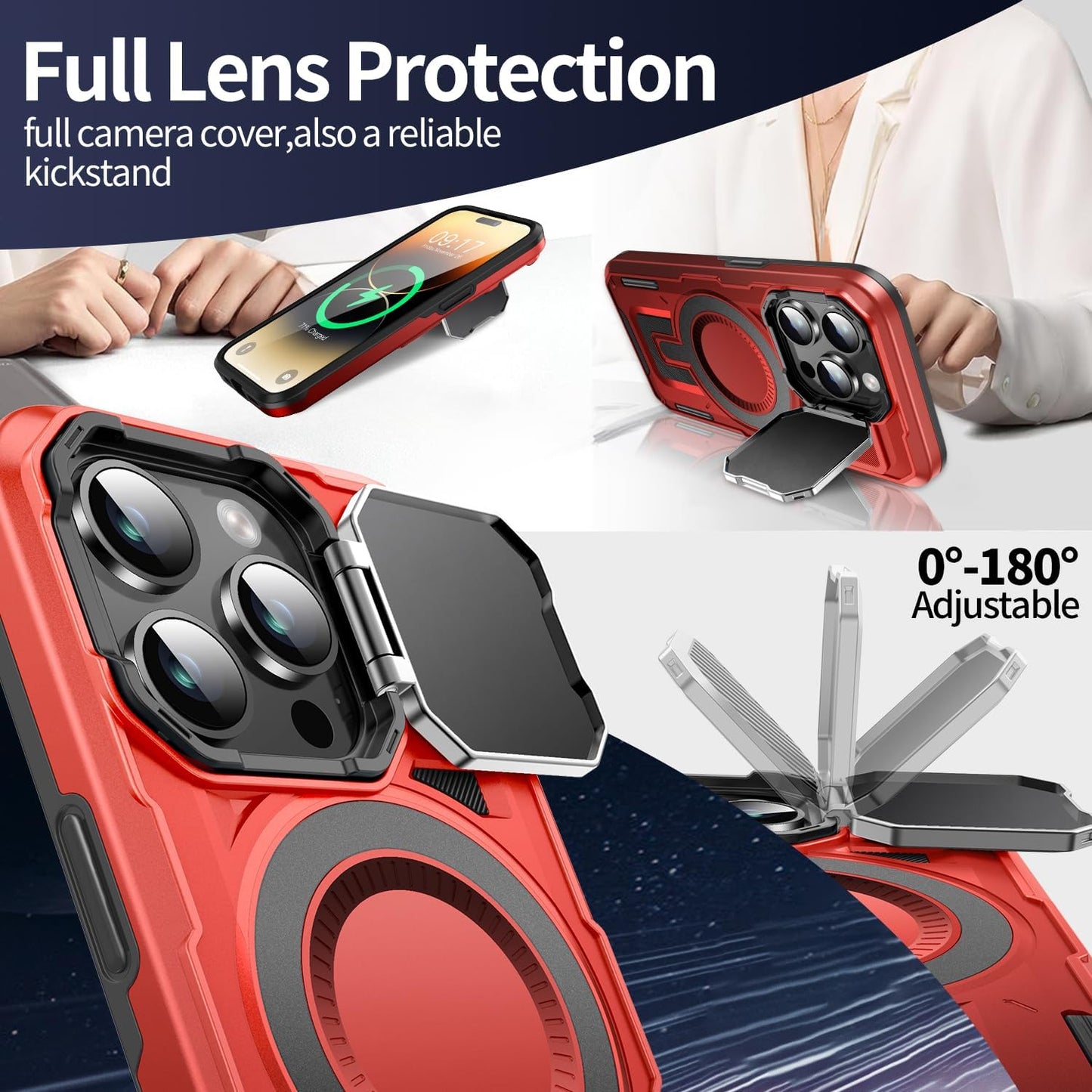 Camera Stand Case for iPhone 14 Pro Max, [Compatible with MagSafe] [Lens Cover] 2024 Version Military Grade Protective Soft Case for iPhone 14 Pro Max 6.7 inch Men Women, Red