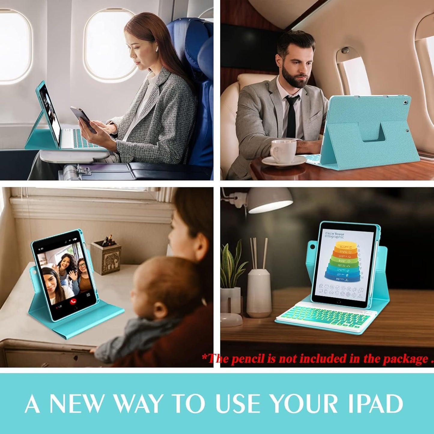 Keyboard Case for iPad 9th/8th/7th Generation 10.2 inch,360° Rotatable iPad Air 3 Pro 10.5-inch Case with Pencil Holder(2021/2020/2019/2017),7 Color Backlit Bluetooth Keyboard Folio Cover (Lake Blue)