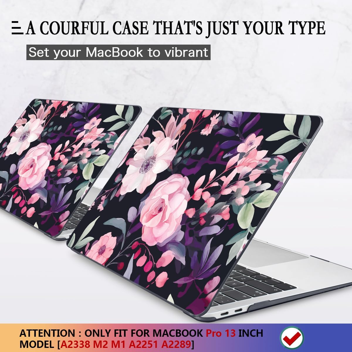 CISSOOK Compatible with MacBook Pro 13 inch Case M2 M1 2025-2016 Release Model A2338 A2251 A2289 A2159 A1989 A1706, Flower Plastic Hard Shell Case Black Cover for MacBook Pro 13 - Pink Flowers