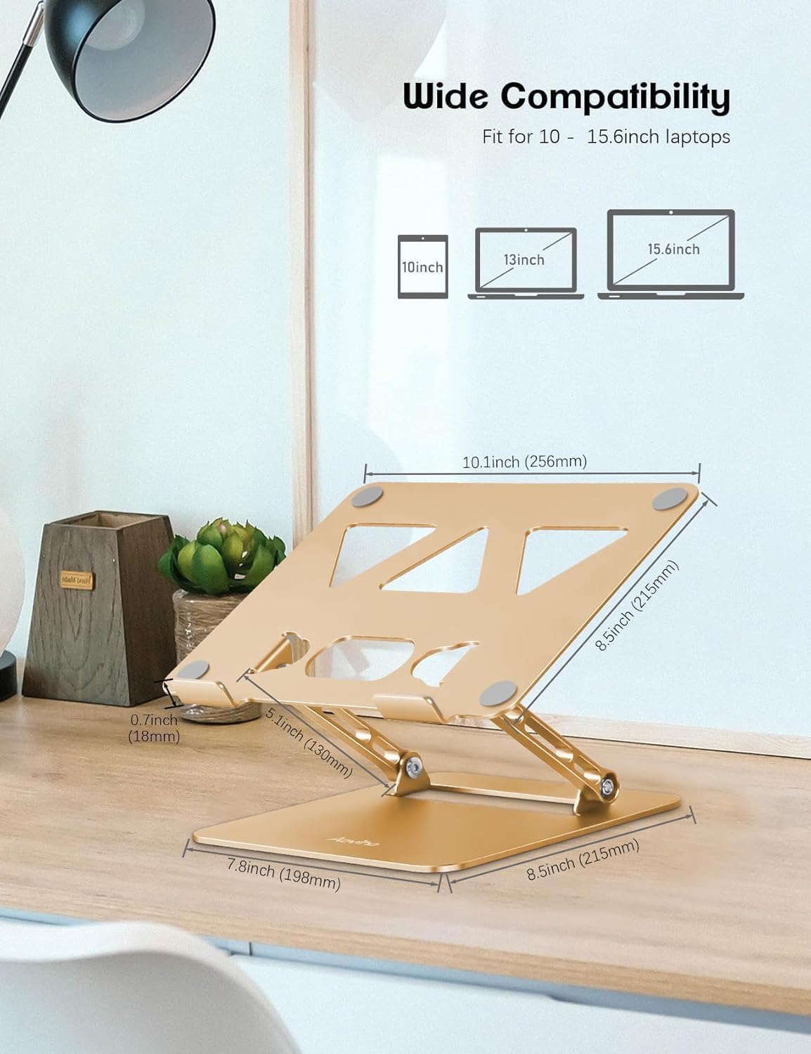 Adjustable Laptop Stand for Desk,Portable Laptop Stand Holder and Riser,Foldable Aluminum Notebook Computer Stands for MacBook Air Pro HP Lenovo Dell Samsung Chromebook, 10-15.6 inch, Gold