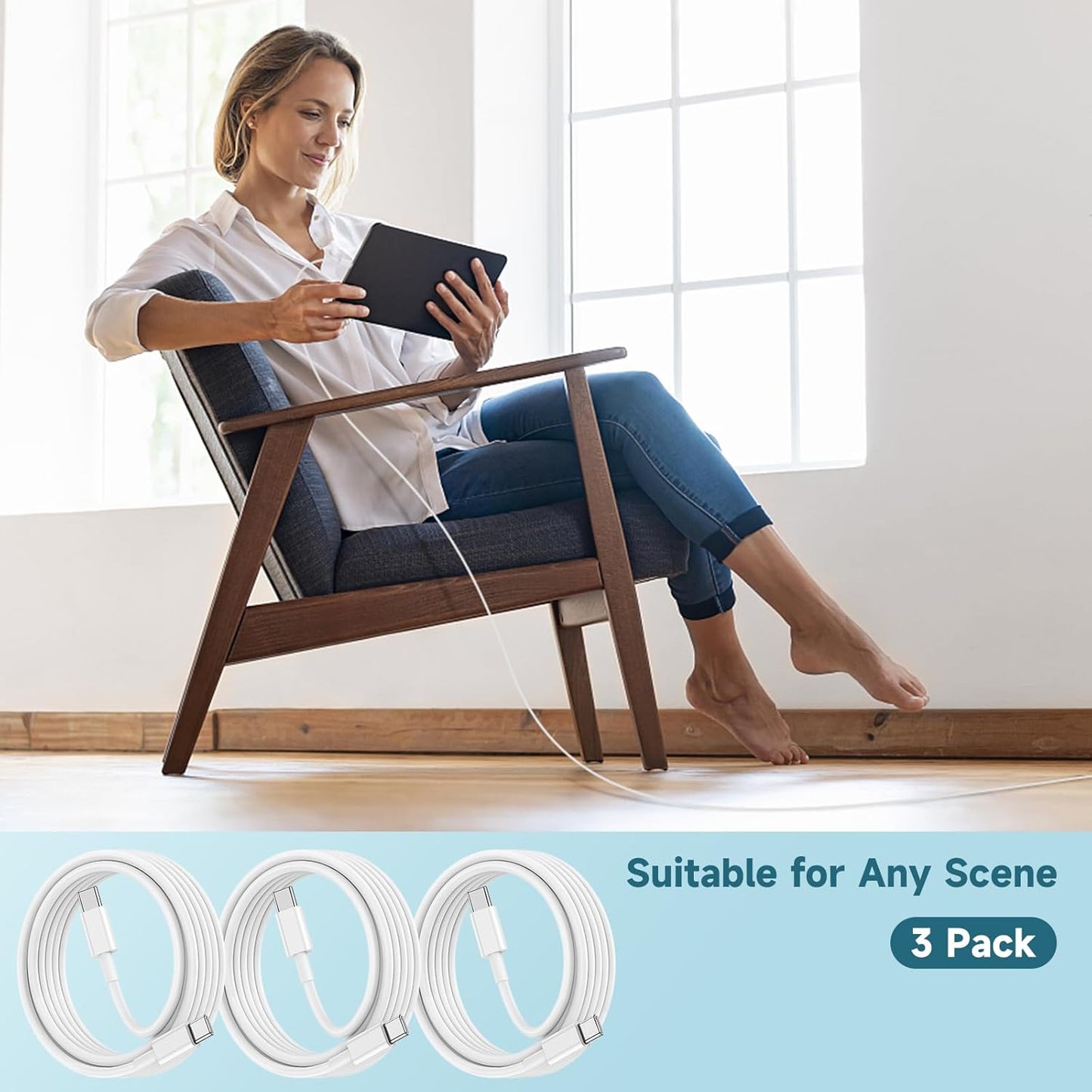 60W USB C to Cable [3Pack] iPhone 15 Fast Charging Cable,3ft Short USB-C to USBC Power Cord for iPhone 16/15 Pro Plus Pro Max, MacBook Pro Air/IPad/iPad Pro 12.9/11,AirPods 4(White)