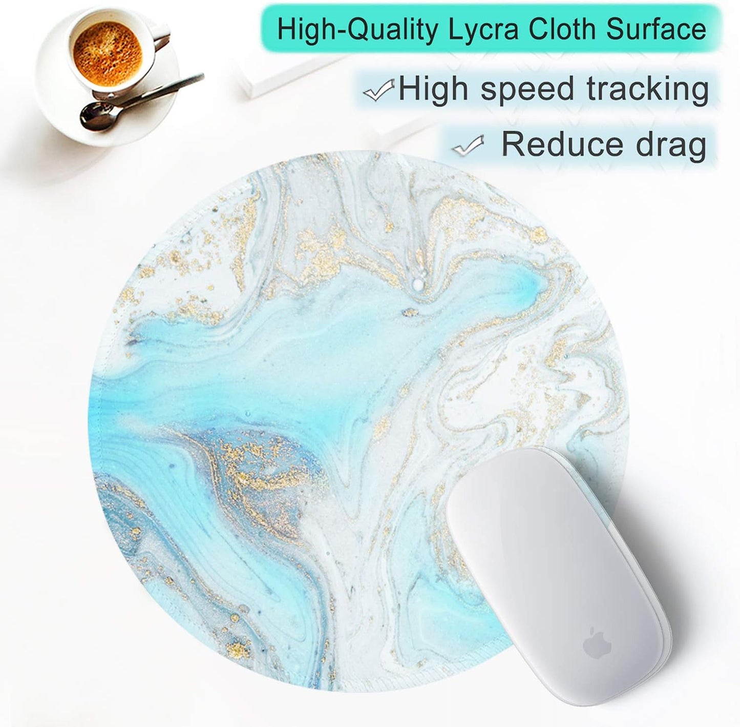 ITNRSIIET Round Mouse Pad with Stitched Edge Premium-Textured Waterproof Non-Slip Rubber Base Desktop Protection Mat Diameter 8.7 inches, Modern Marbling Light Blue