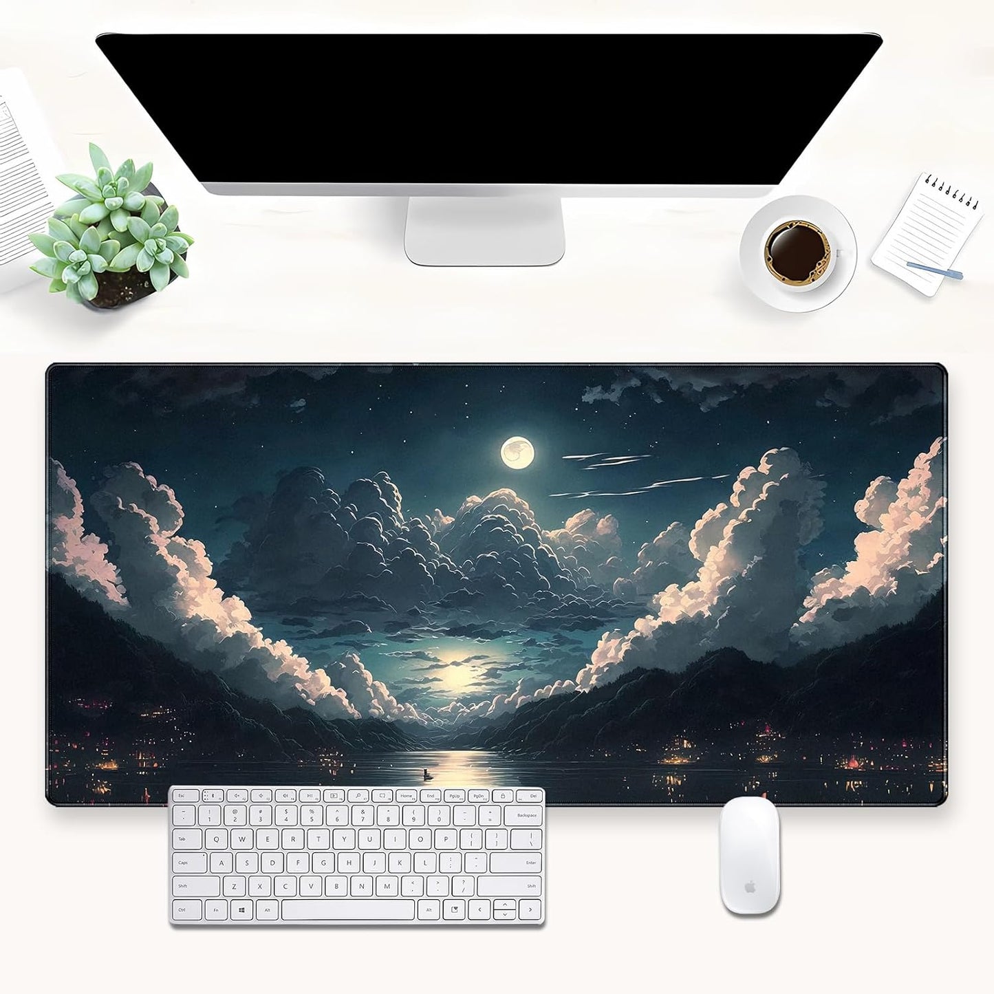 Anime Aesthetics Desk Mat Cloud Mouse Pad Gaming MousePad XXL Computer Mat Full Desk Mouse and Keyboard Pad Full Moon Mouse Mat with Stitched Edge Anti-slip Washable for Office and Home 31.5 x 15.7 In