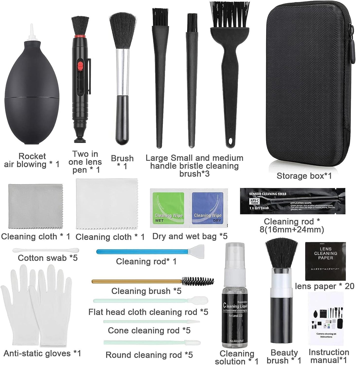 18-in-1 Professional Camera Cleaning Kit for Most DSLR Cameras (Canon, Nikon,Sony), with Air Blower/Cleaning Pen/Detergent/Cleaning Cloth/Lens Brush/Carry Case