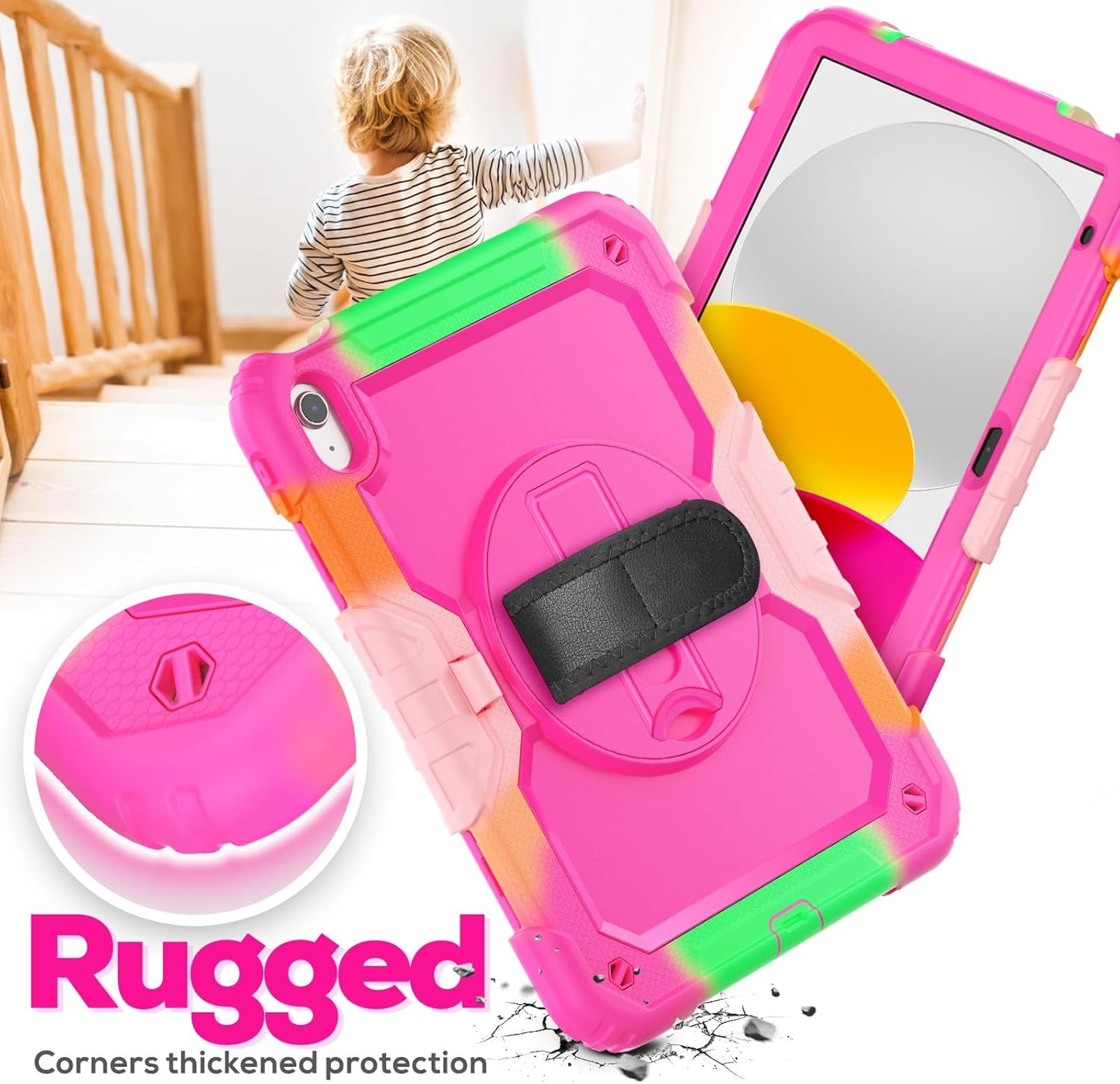 BLOSOMEET Case for iPad A16 11th/10th Generation 11''/10.9'' 2025/2022 with Tempered Glass Screen Protector, Protective Kids Cover with Stand Hand Grip Shoulder Strap, Rosered