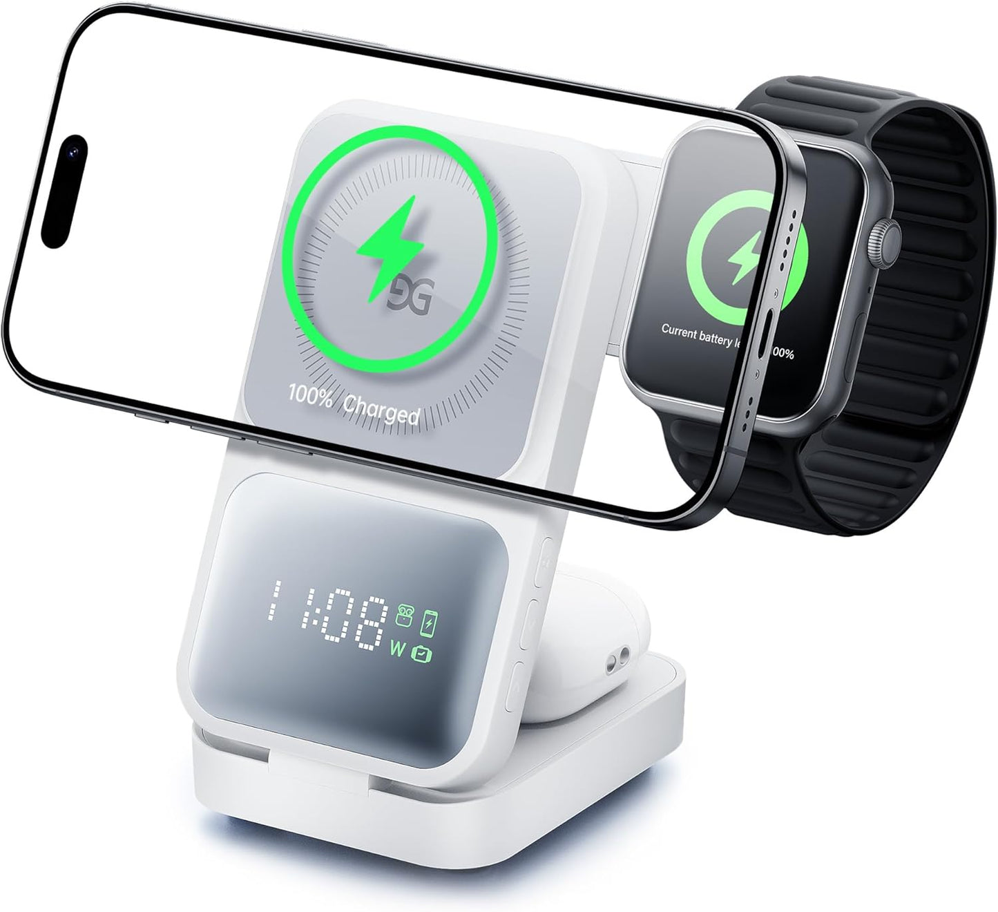 GUSGU MagTime 3 in 1 Wireless Charging Station with Real-Time Power and Time Display, Foldable Wireless Charger Stand, Compatible with iPhone 16/15/14/13/12, iWatch S1-10/Ultra, AirPods-White