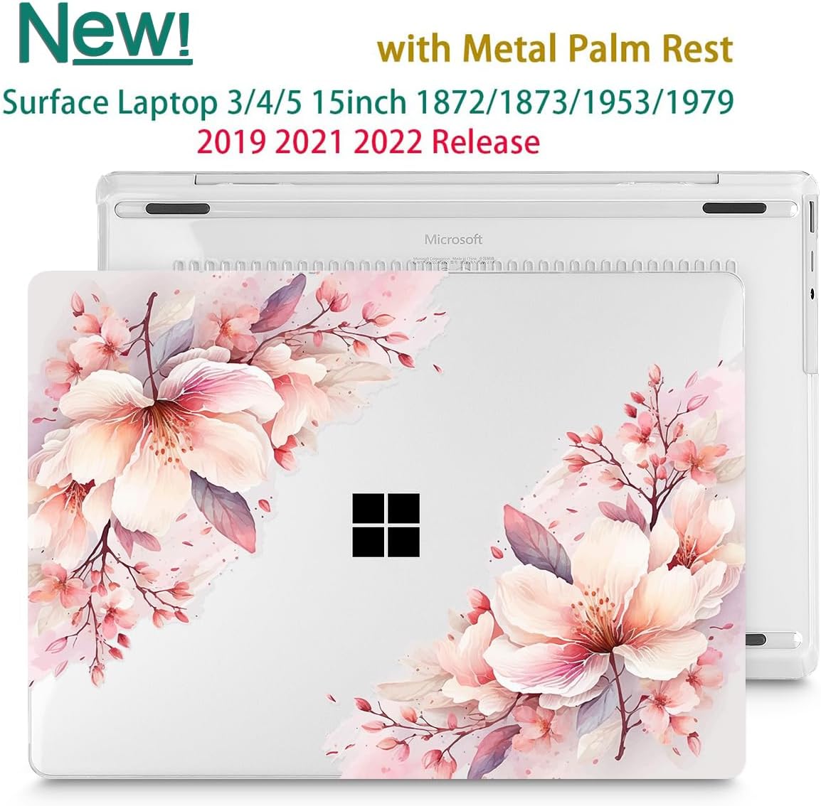 Tuiklol Case for 15 Inch Microsoft Surface Laptop 5/4/3 2022-2020, Model 1979/1953/1872/1873 Hard Shell Cover, Keyboard Cover+Screen Protector+Dust Plugs,Pink Big Flower