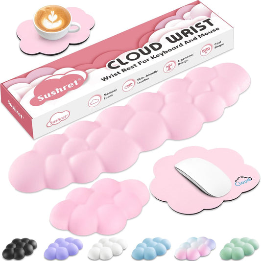 Cloud Wrist Rest for Computer Keyboard, 4-in-1 Memory Foam Leather Cloud Keyboard Wrist Rest and Mouse Pad Set with Ergonomic Support for Arm and Palm Cushion, Gaming/Work Setup, Pink