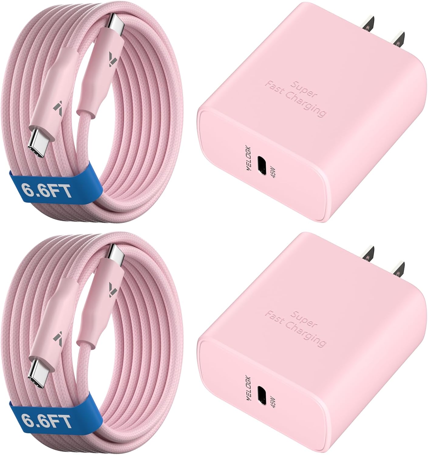 45W Super Fast Charger USB C, 45 Watt Type-C Android Phone Charger Fast Charging Block with 6.6FT Type C Cords for Samsung Galaxy S25 Ultra/S24 Ultra/S24+/S23 Ultra/S22 Plus/S20, Tab S9/S8 Ultra(Pink)