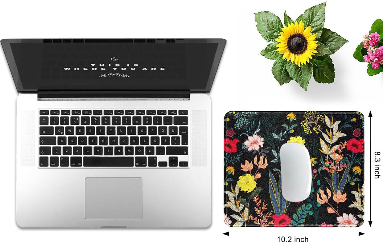 JIKIOU 3 Pack Mouse Pad with Stitched Edge, Comfortable Mouse Pads with Non-Slip Rubber Base, Washable Mousepads Bulk with Lycra Cloth, Mouse Pads for Computers Laptop Mouse 10.2x8.3in Black Flowers
