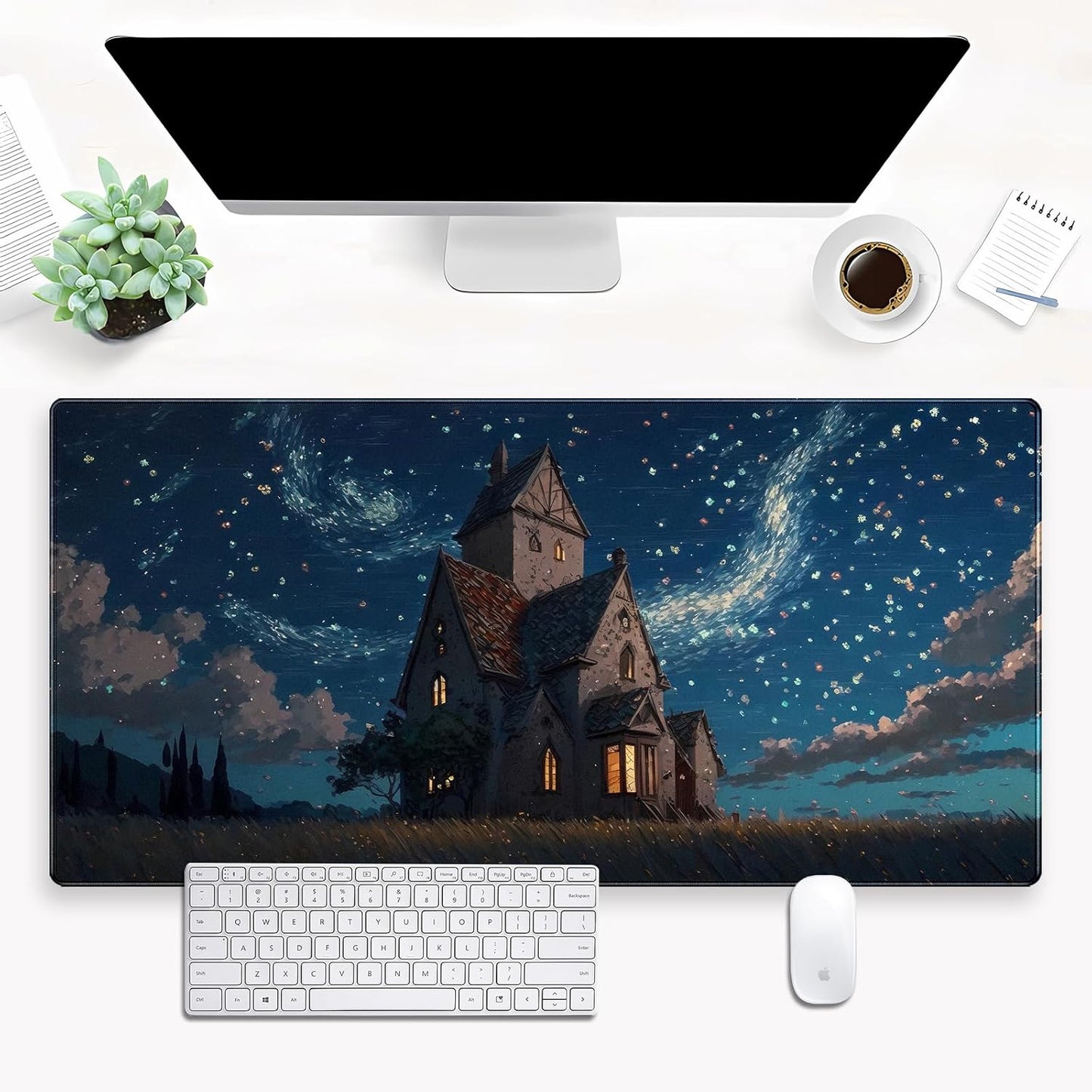 Anime Art Starry Sky Castle Desk Mat - XL Large Gaming Mouse Pad with Non-Slip Base & Stitched Edges, Washable Office Decor (31.5x15.7in)