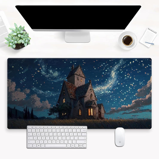 Anime Art Starry Sky Castle Desk Mat - XL Large Gaming Mouse Pad with Non-Slip Base & Stitched Edges, Washable Office Decor (31.5x15.7in)