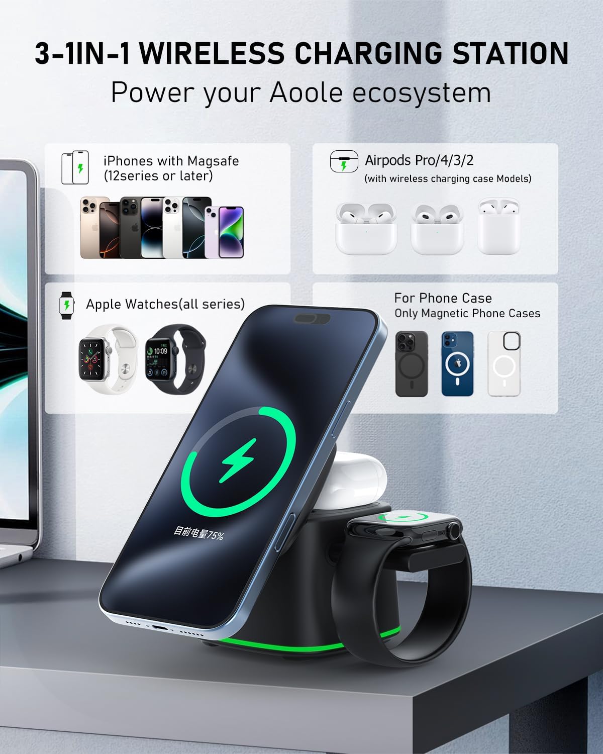 3 in 1 Charging Station for Apple Devices, Charger Stand for MagSafe, Qi2 15W Wireless Charging Station for Apple Watch& iPhone & AirPods& iWatch (with PD 30W Adapter)