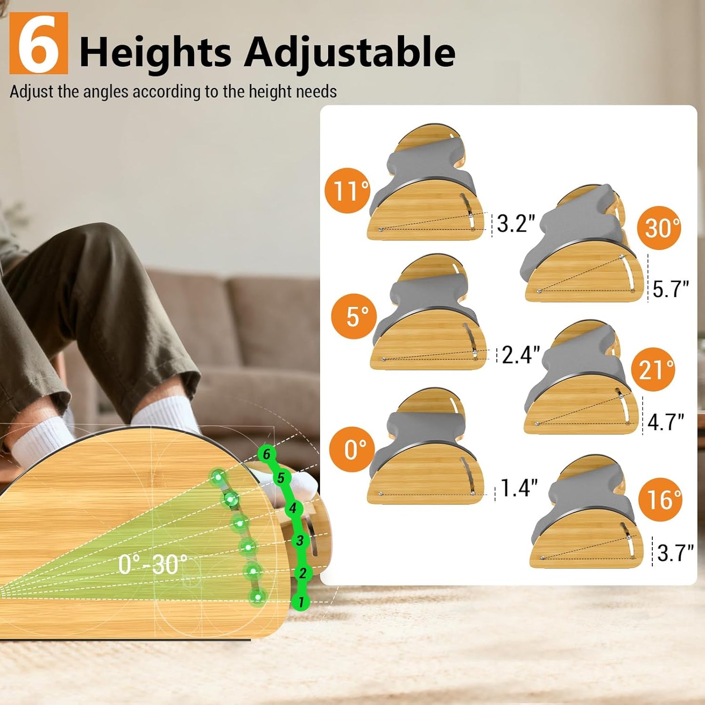 Bamboo Foot Rest for Under Desk at Work - 3-in-1 Reversible Rocking Desk Footrest with Foam Cushion Pad and 6 Adjustable Heights, Ergonomic Foot Rest with Washable Cover for Home, Office and Gaming