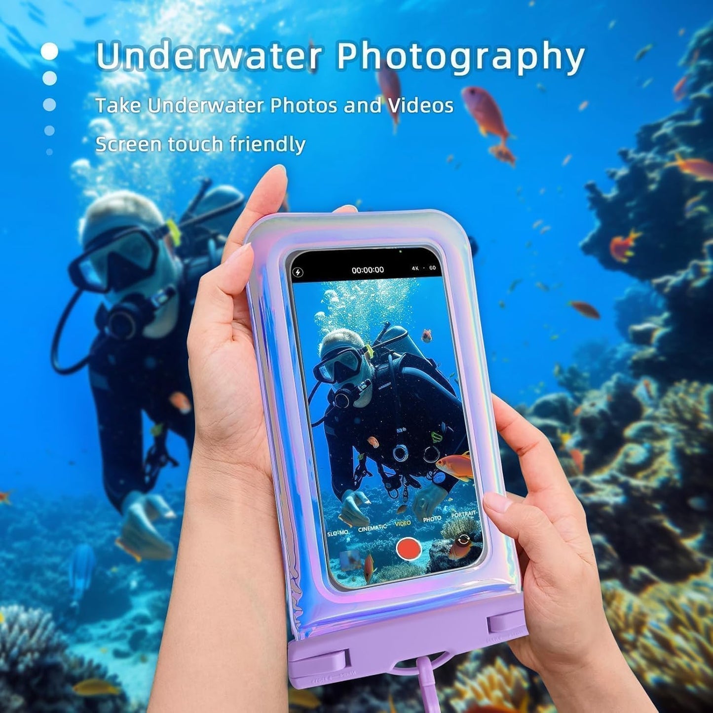 Floatable Waterproof Phone Pouch Case 2 Pax for iPhone 16 Pro Max/15/14/13/12, IP68 Travel Cellphone Dry Bag Beach Cruise Ship Essentials Bags with Crossbody Lanyard, Iridescent Purple and Blue-7″