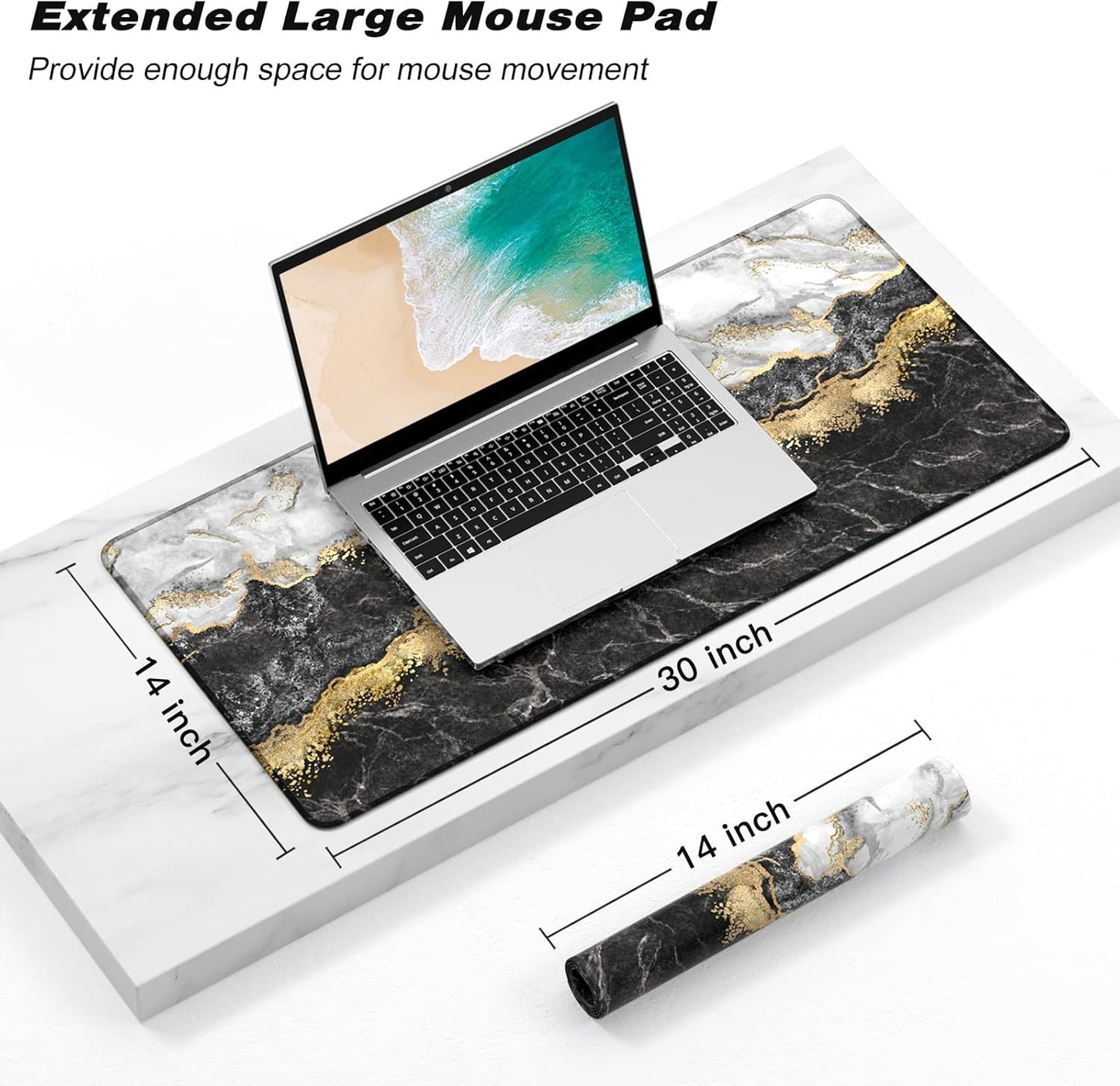 Extended Gaming Mouse Pad, XXL Large Mouse Mat 30 x 14 Inch, Big Computer Keyboard Mousepad, Waterproof Desk Pad with Stitched Edges and Non-Slip Base for Office Gaming, Black Cracked Marble