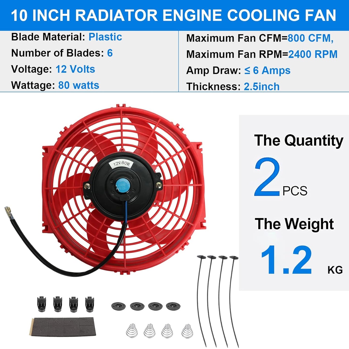 2PCS 10 inch Slim Fan Push Pull Electric Radiator Cooling 12V 80W Mount Universal Kit Red