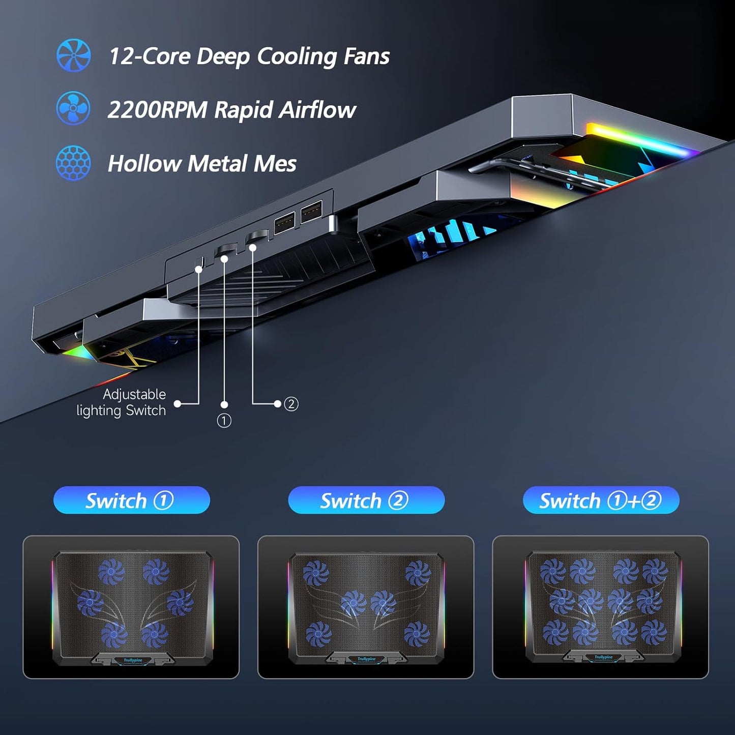 Laptop Cooling Pad with 12 Quiet Fans, Slim Portable for 12-17.3 Inch Laptop Cooler Stand with 5 Height Adjustable, Ergonomic Gaming Cooling Fan Pad with Two USB Ports & Phone Holder (Gear)