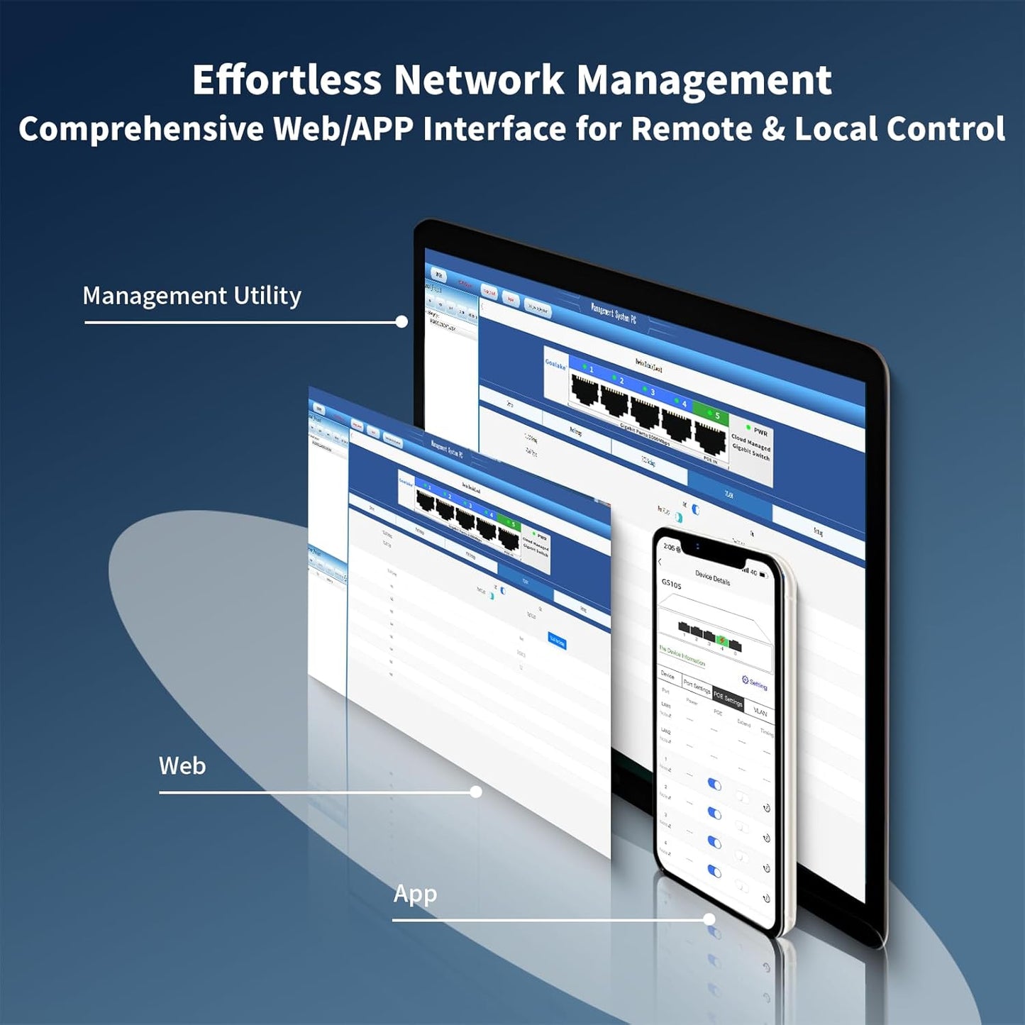5 Port Gigabit Switch, Easy Smart Managed Ethernet Switch, Network Hub, Ethernet Splitter, Plug & Play, Fanless Metal Design, VLAN, Qos, Support PoE Powered, Desktop or Wall Mount