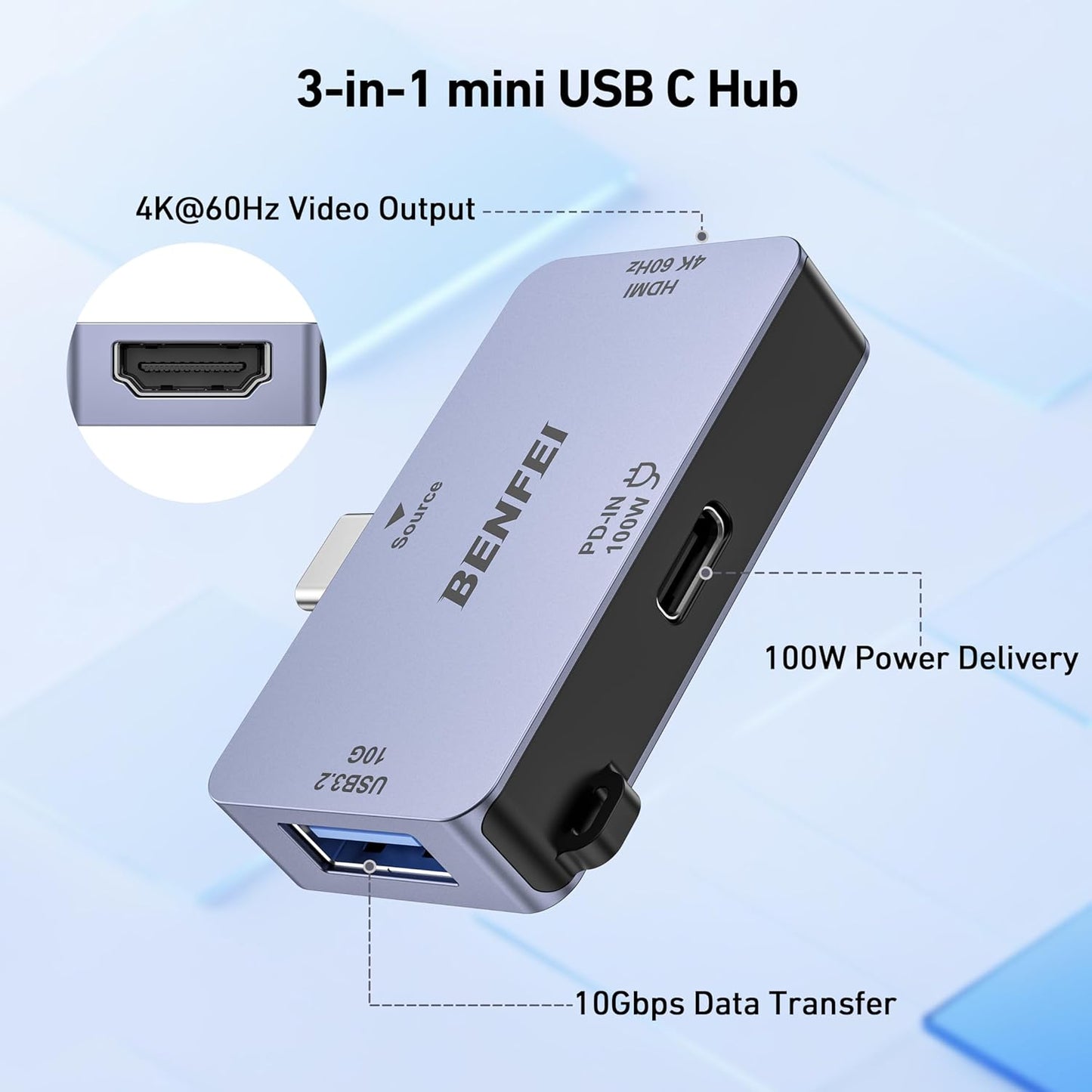 BENFEI USB C Hub 3-in-1, Super Compact, USB-C to HDMI 4K@60Hz, 10Gbps USB-A, 100W Power Delivery Compatible with iPad Pro, MacBook Pro/Air, iMac, iPhone 16/15 Pro/Pro Max, XPS, Thinkpad and More