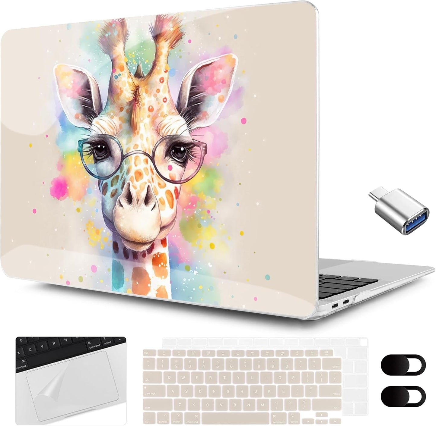 MEEgoodo for MacBook Air 13.3 inch Case 2021 2020 2019 2018 A2337 M1 A2179 A1932, Clear Case for MacBook Air M1, Hard Shell with Keyboard Webcam Cover & Trackpad Film & Type C Adapter,Giraffe