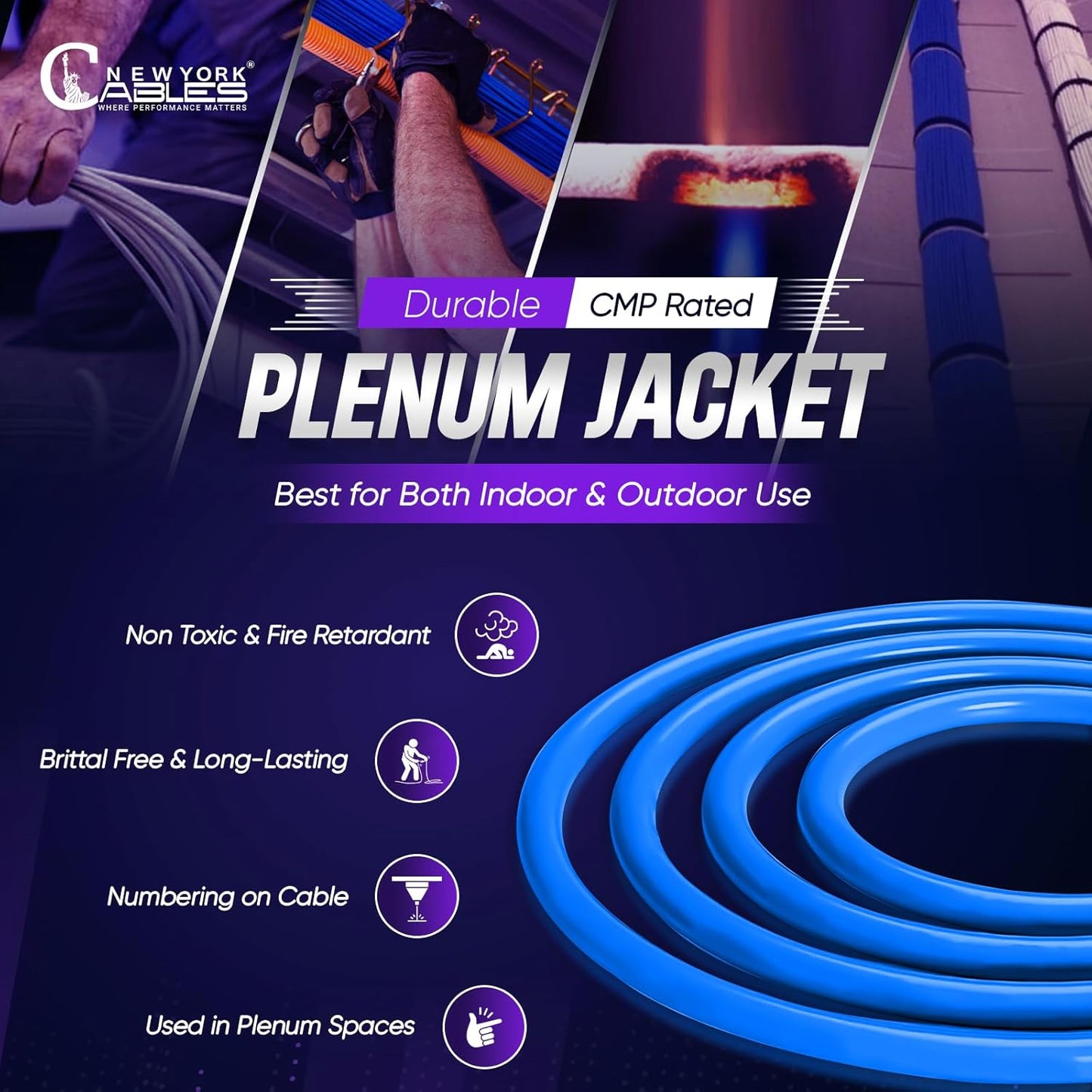 Cat6A Plenum (CMP) Cable 1000ft Blue | 100% Solid Bare Copper 750MHz, PoE++ (4PPoE) 23AWG 4 Pair (UTP) Solid Conductors Quality Tested High Speed cat 6a Ethernet Cable for Networking By Newyork Cables