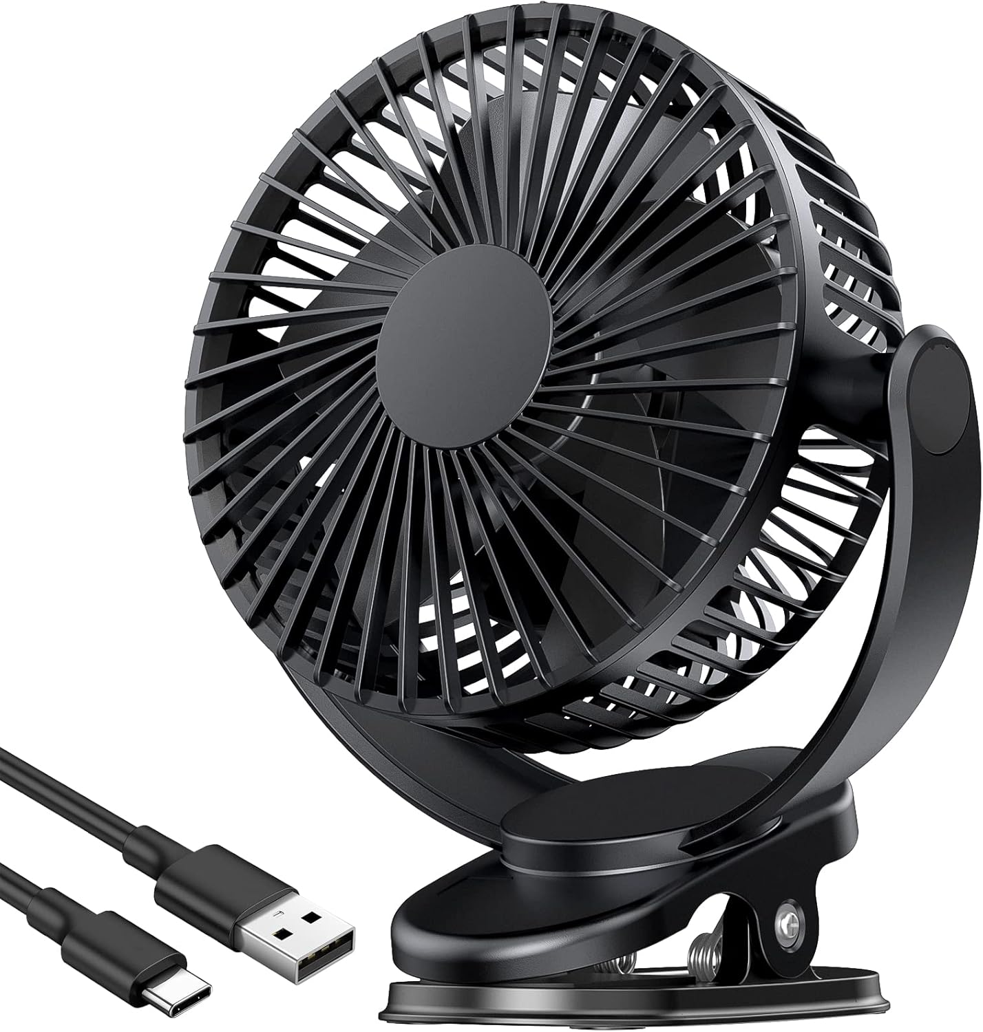ATEngeus Rechargeable Clip-on USB Desk Fan, 3 Speeds, 5000mAh Battery, 720Rotation, Sturdy Clamp for Home, Camping, Treadmill and Car