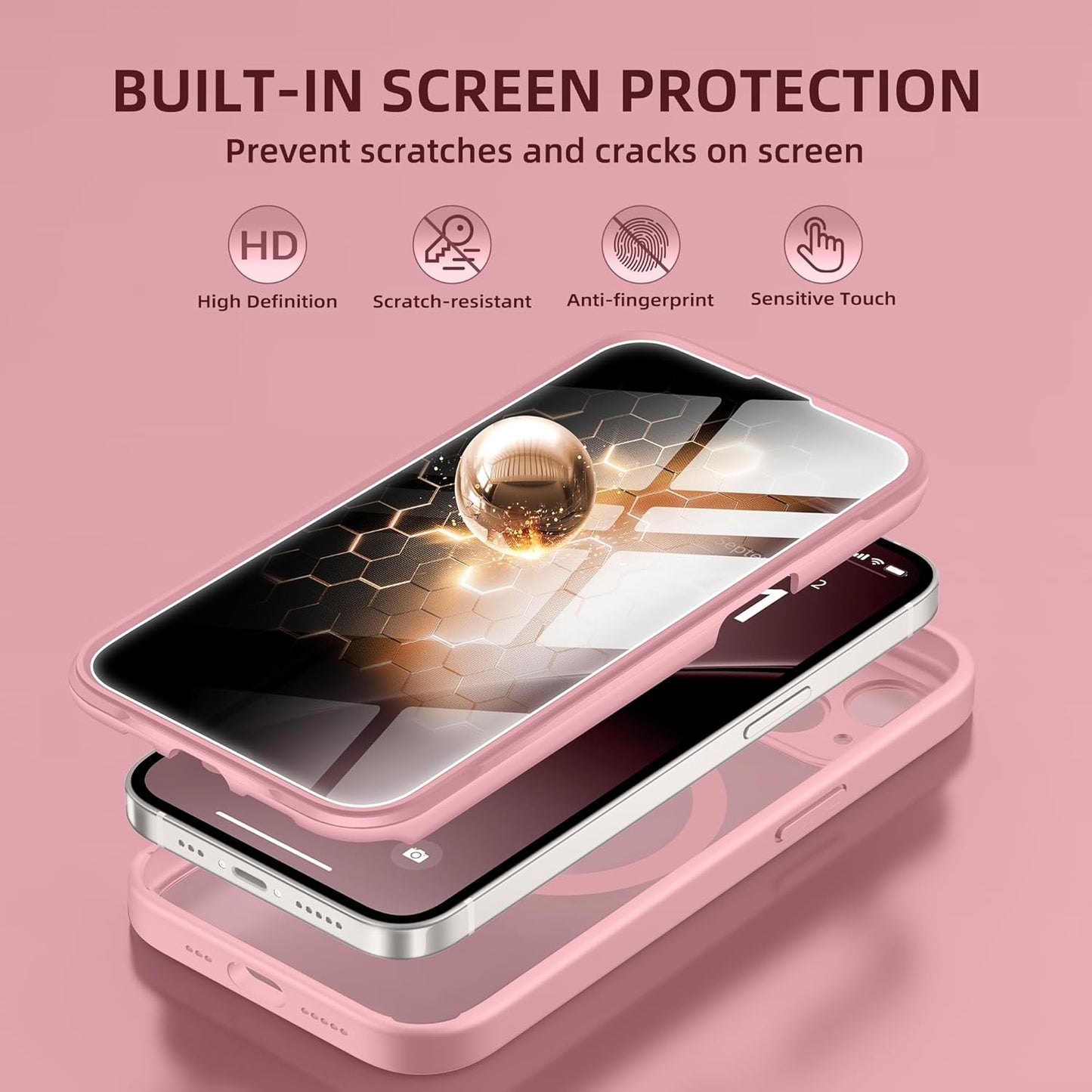 BERFY Magnetic for iPhone 14 Case, Compatible with MagSafe, Built-in Privacy Screen Protector and Upgraded Camera Protection, Anti-Spy Full Body Shockproof Phone Case for 14 6.1", Pink