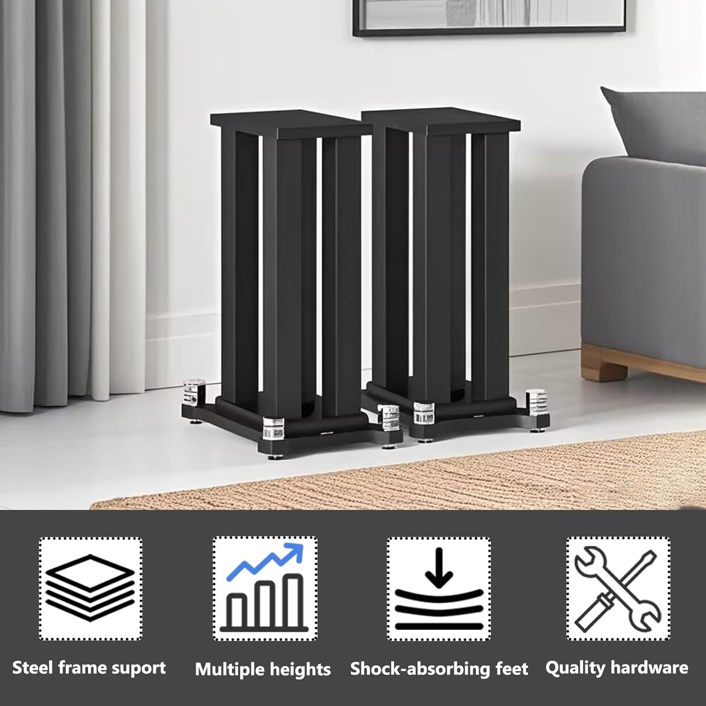 A Pair of Speaker Stands, Bookshelf Speaker Stand Steel Frame Support for Speakers up to 40 kg, Vibration-Absorbing MDF Design, Universal Speaker Stand Improves Sound Quality (60cm/23.6in)
