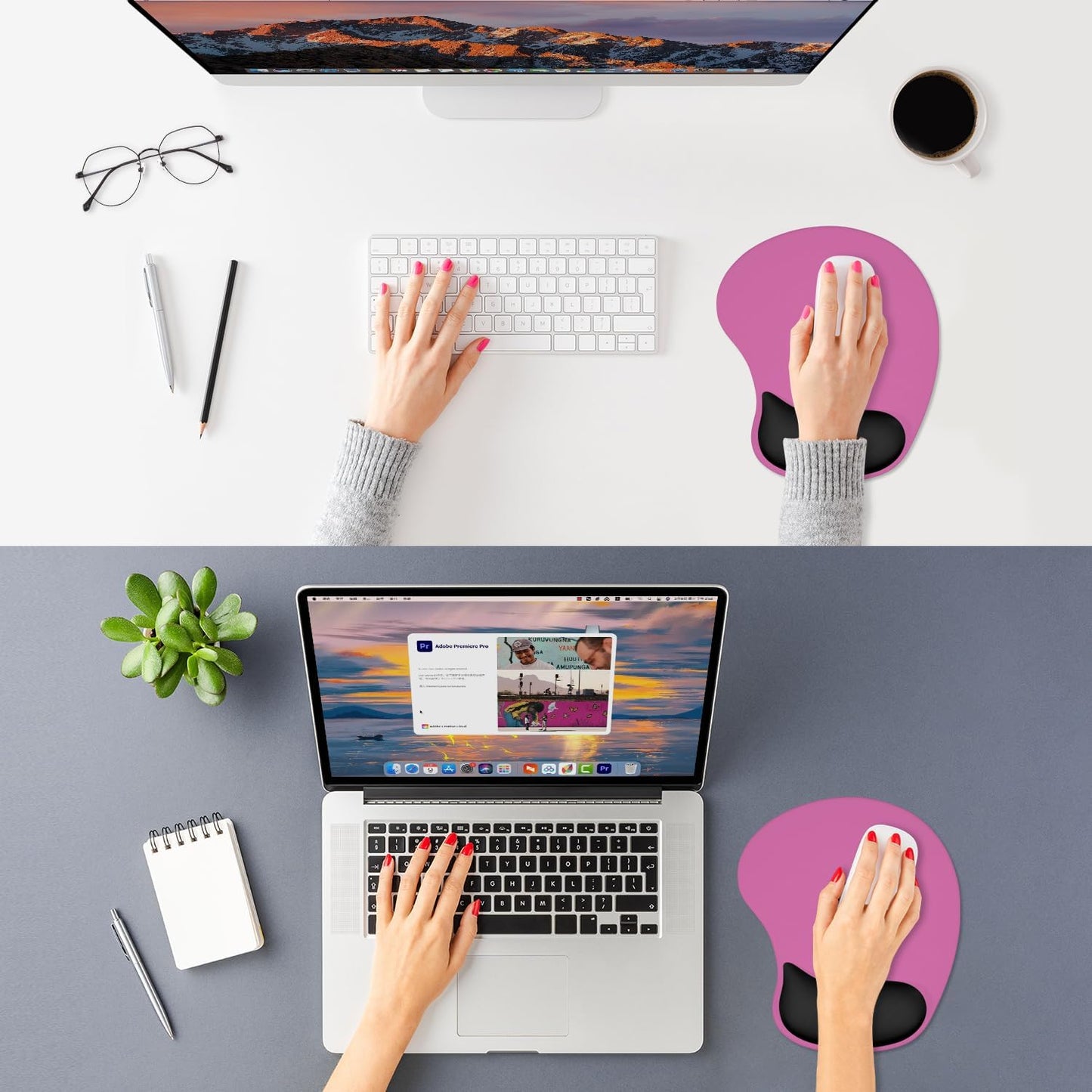 ITNRSIIET Ergonomic Mouse Pad, Cushioned Gel Wrist Rest, Non-Slip Base, Smooth Surface, Cute Multi-Color, 9.5 x 8.2 in, Black-Pink Contrast