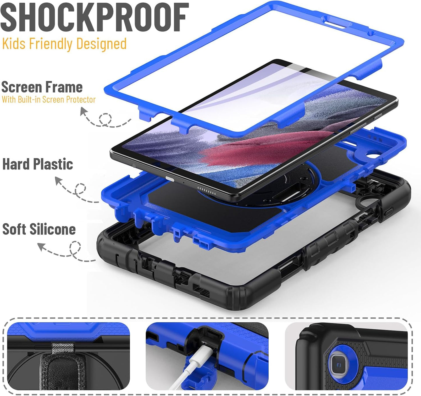 HXCASEAC Case for Samsung Galaxy Tab A7 Lite, Protective with Screen Protector/Hand Strap/Pen Holder, Sturdy A7 Lite Tablet Case, SM-T220 SM-T225 SM-T227, Blue